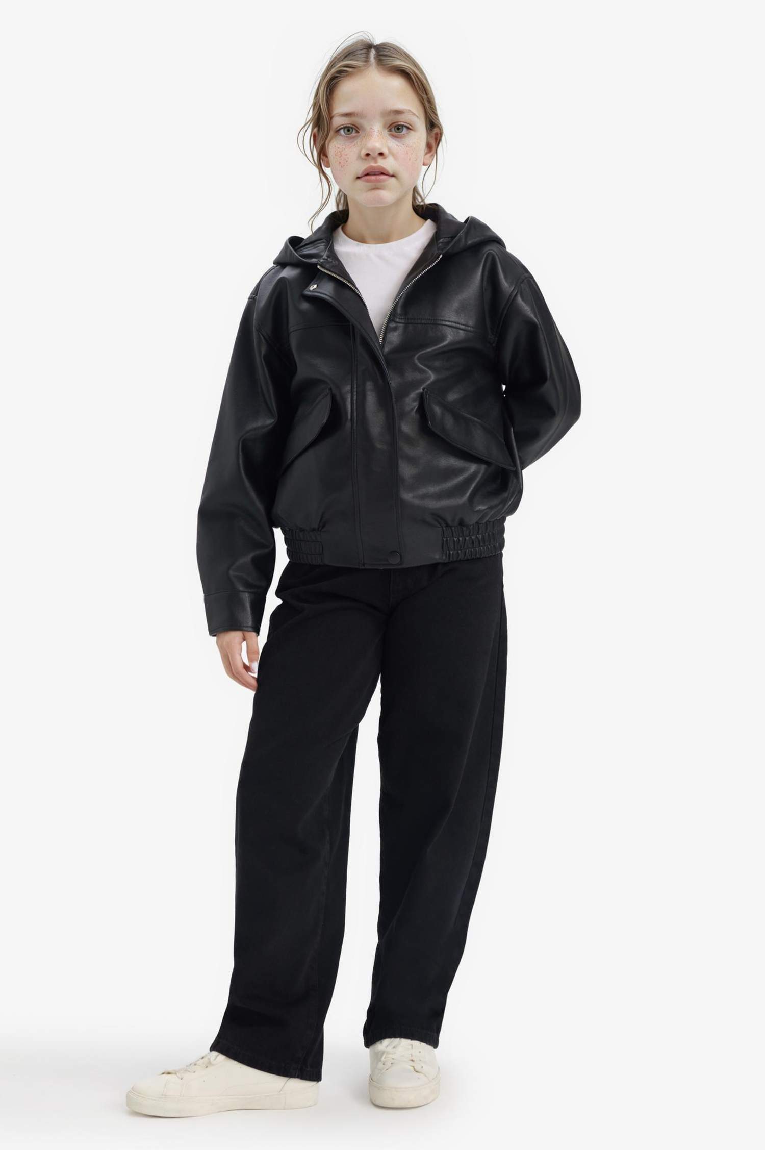 Kız Çocuk Kapüşonlu Suni Deri Mont