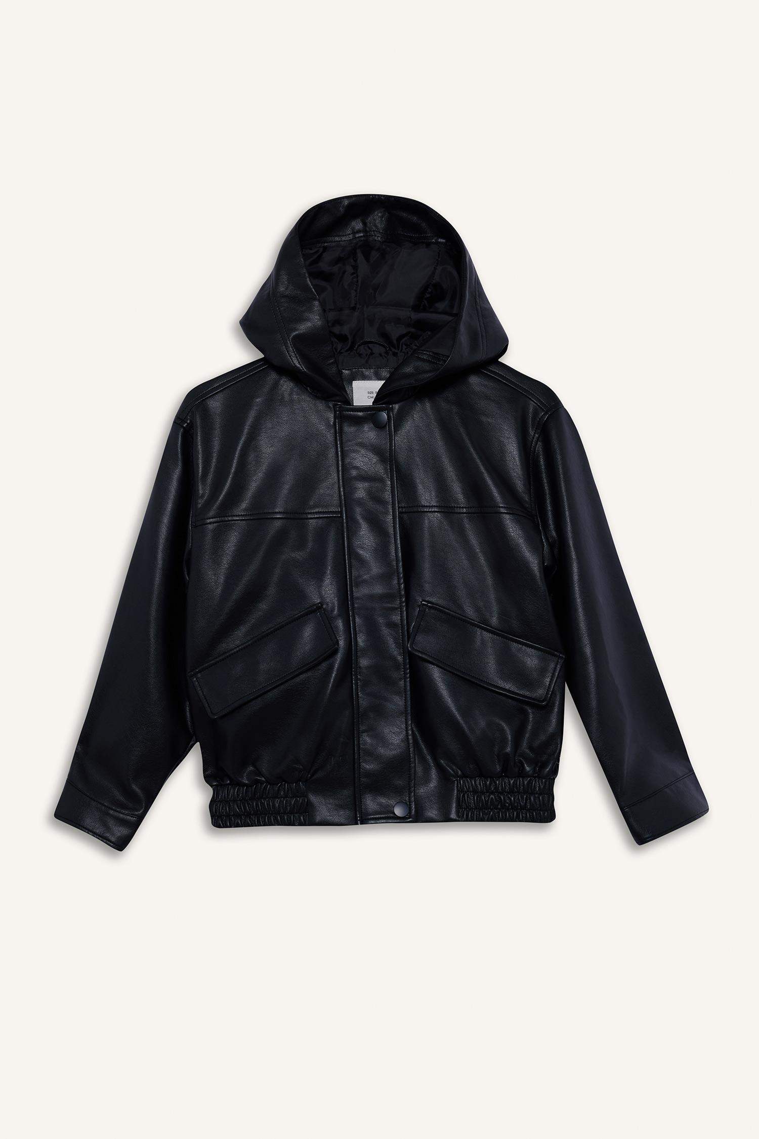 Kız Çocuk Kapüşonlu Suni Deri Mont