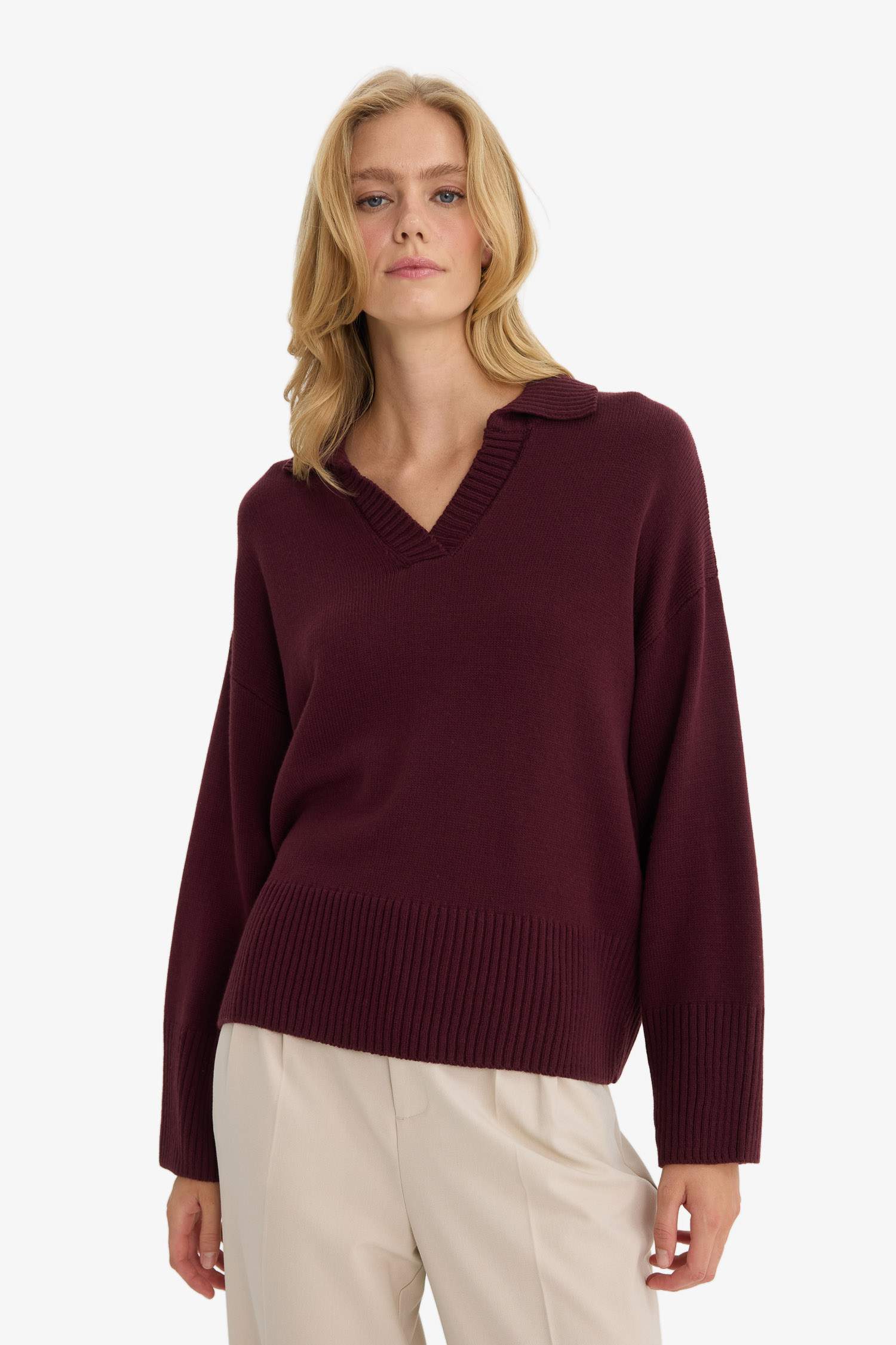 Oversize Fit Polo Collar Knitwear Pullover