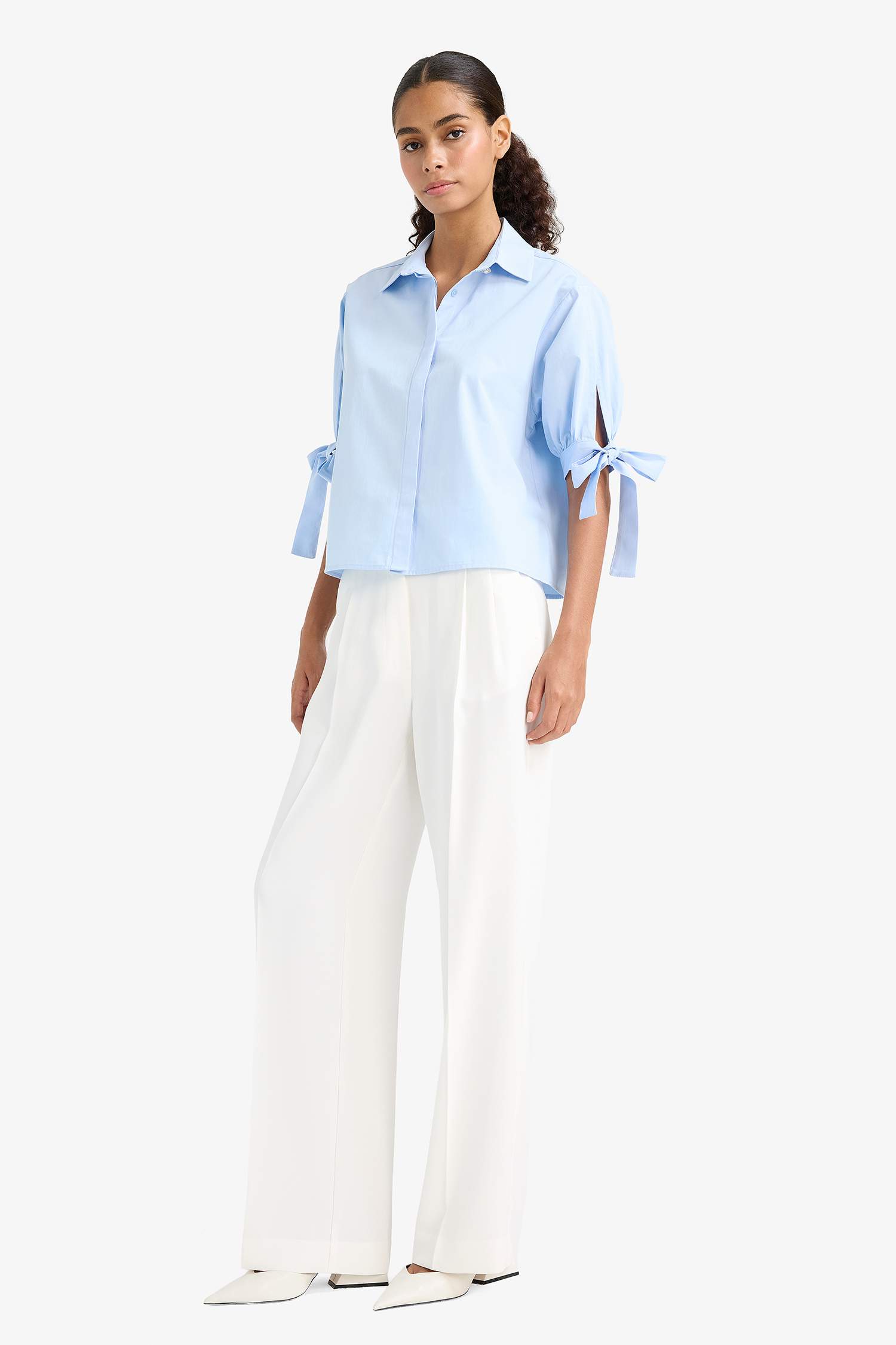 Regular Fit Bağlama Detaylı Poplin Uzun Kollu Gömlek