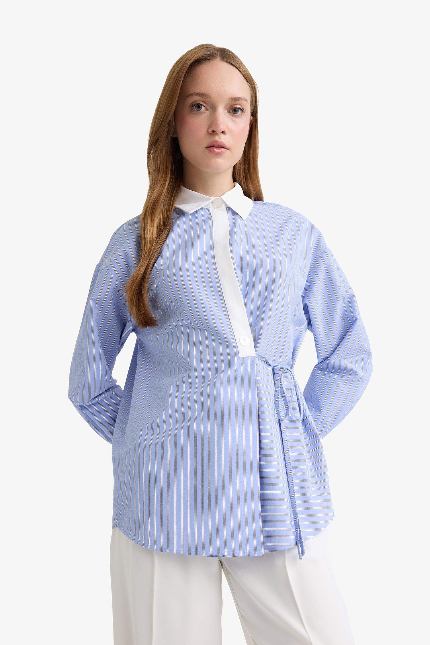 قميص مخطط بوبلين ردن طويل قصة عادية