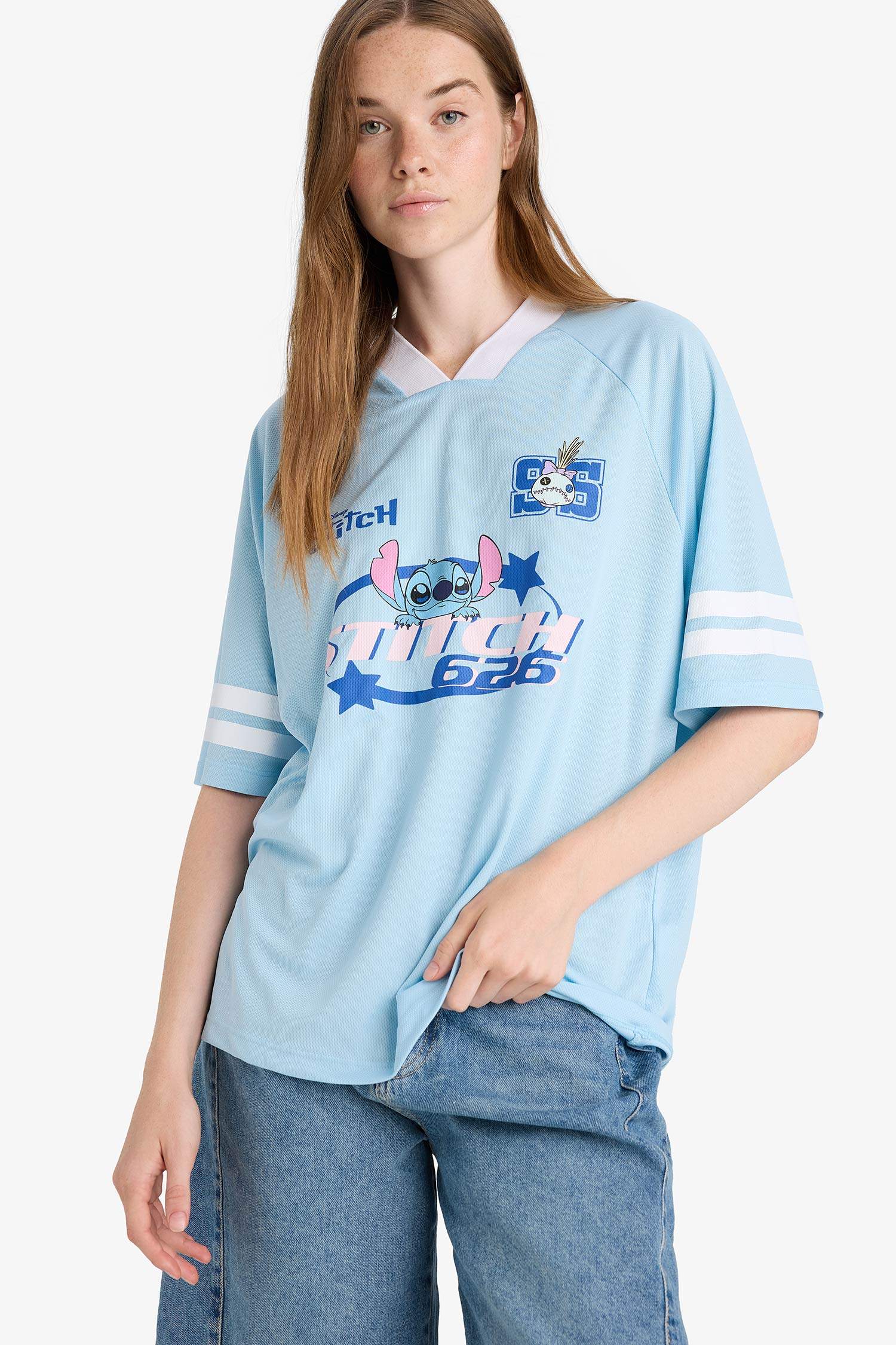 Coool Disney Lilo & Stitch Oversize Geniş Kalıp V Yaka Baskılı Kısa Kollu Tişört