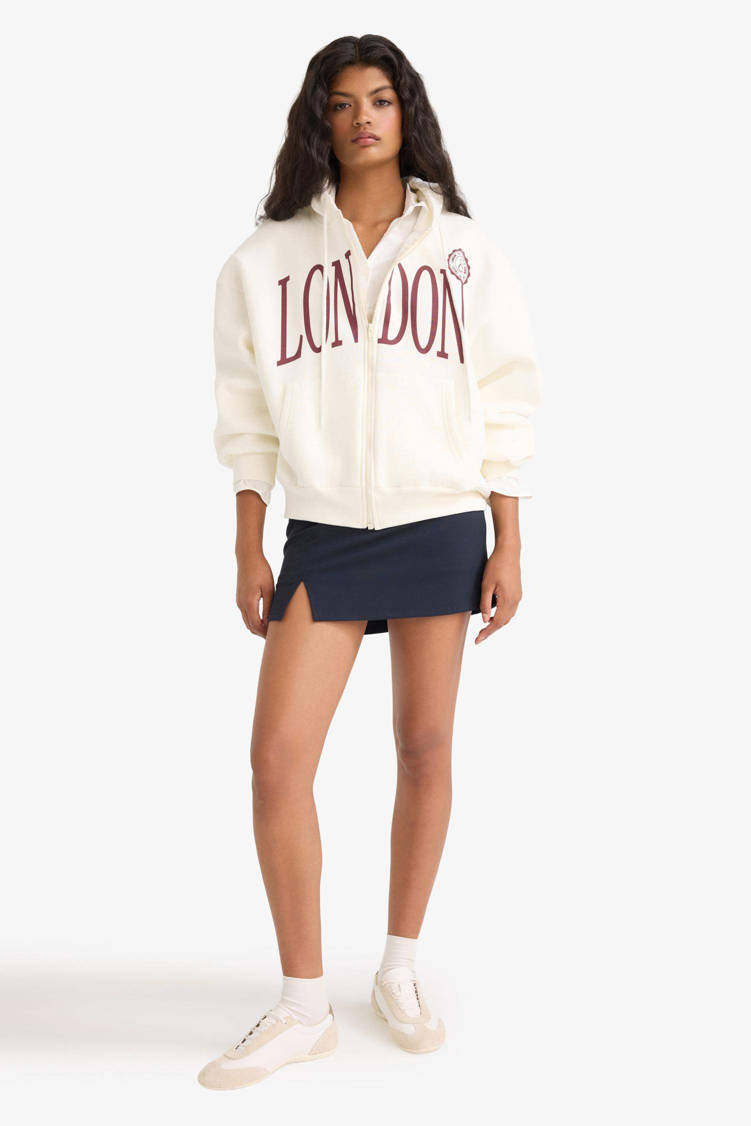 Oversize Geniş Kalıp Kapüşonlu Baskılı Fermuarlı Sweatshirt