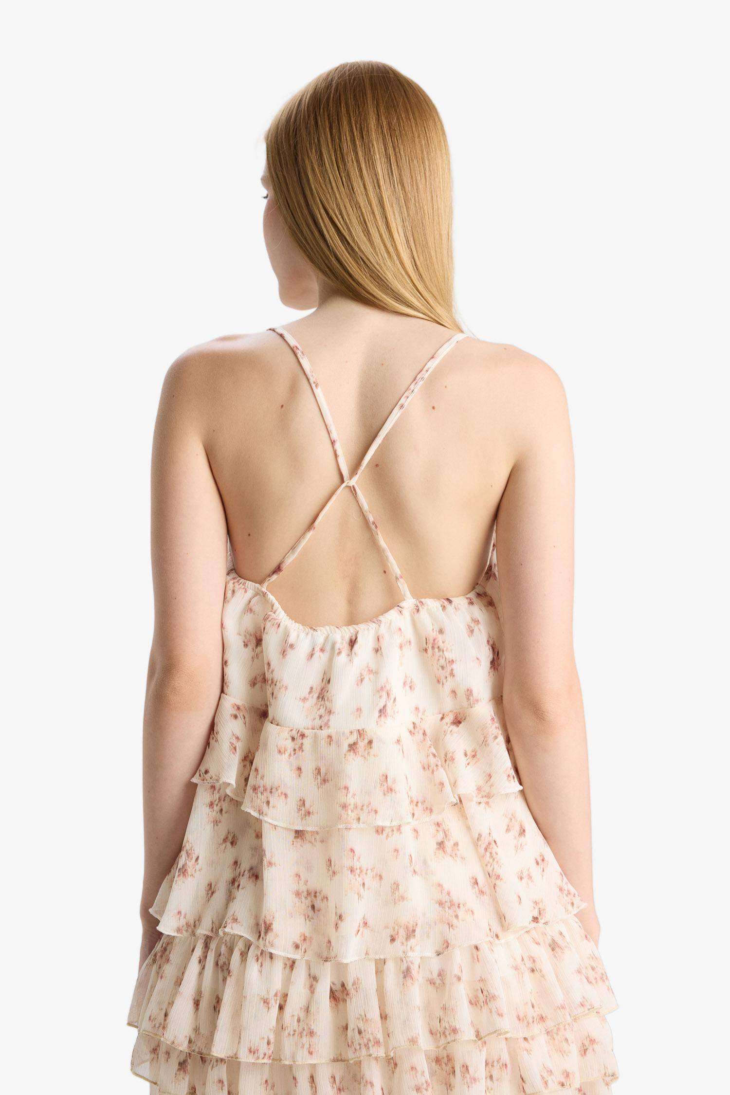 Regular Fit Dokulu Önden Bağlamalı Askılı Bluz