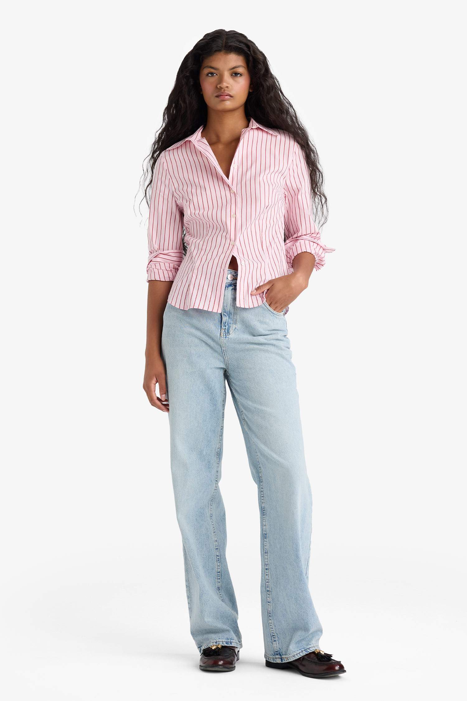 Slim Fit Shirt Collar Poplin Striped Long Sleeve Shirt