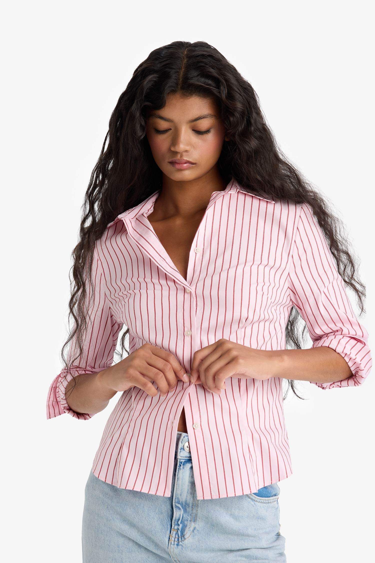 Slim Fit Shirt Collar Poplin Striped Long Sleeve Shirt