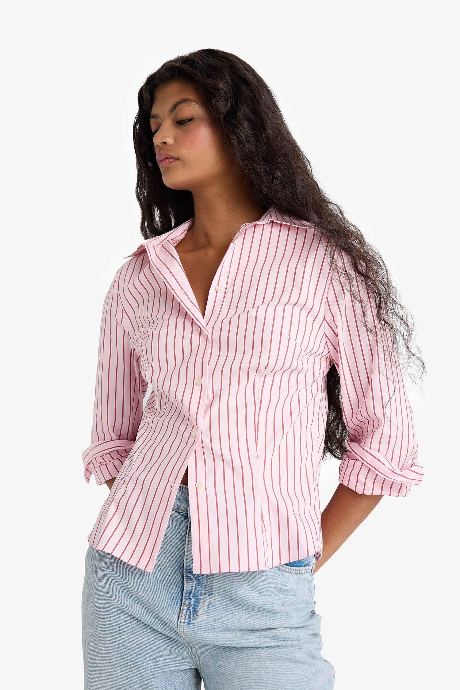 Slim Fit Shirt Collar Poplin Striped Long Sleeve Shirt