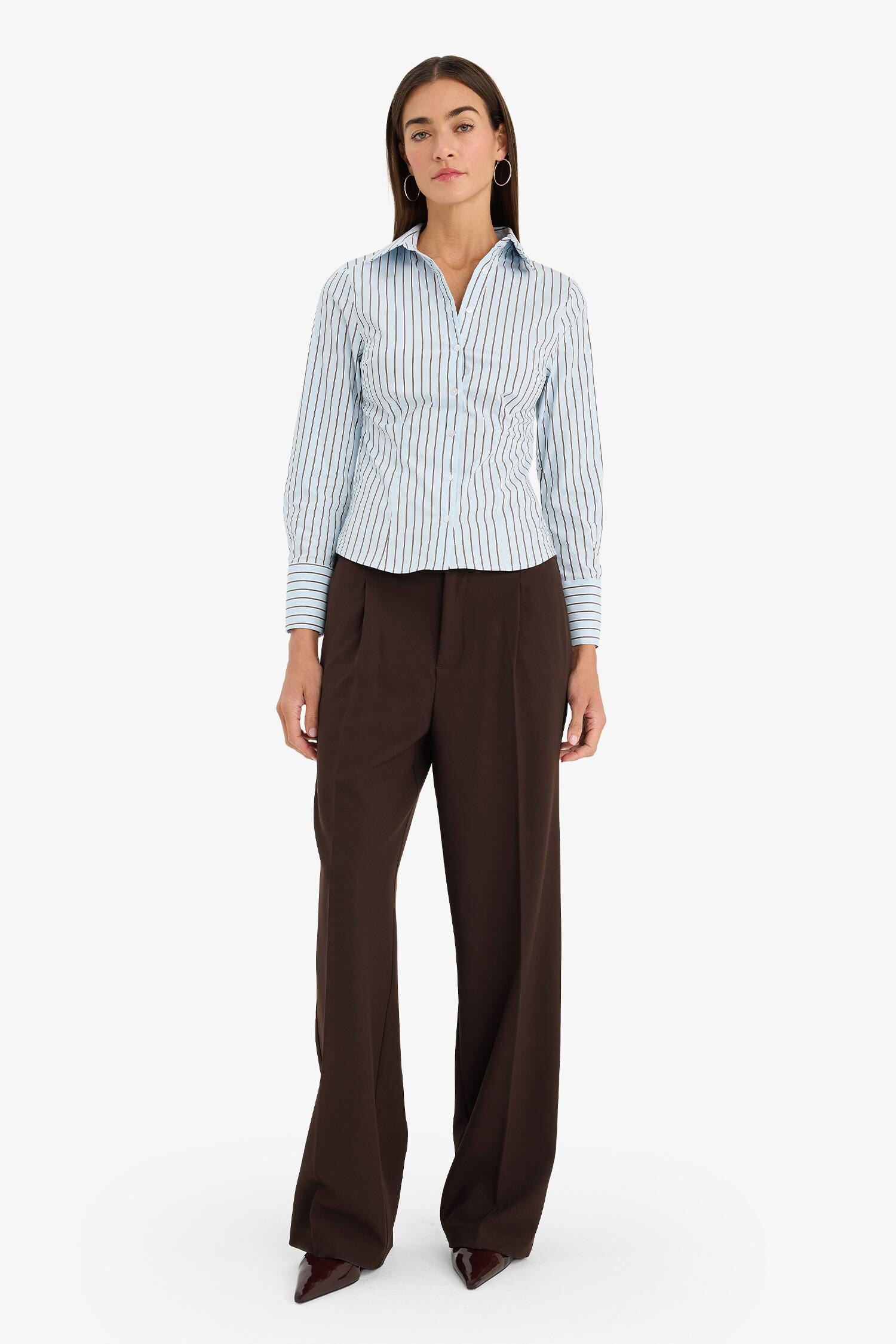 DeFacto Fitted Çizgili Poplin Gömlek görsel 5