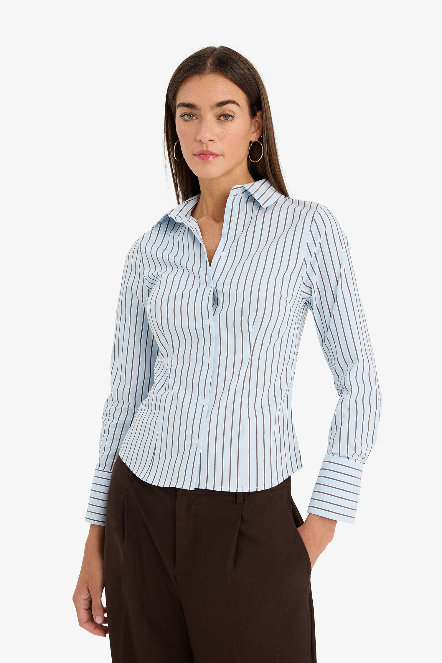 DeFacto Fitted Çizgili Poplin Gömlek görsel 6