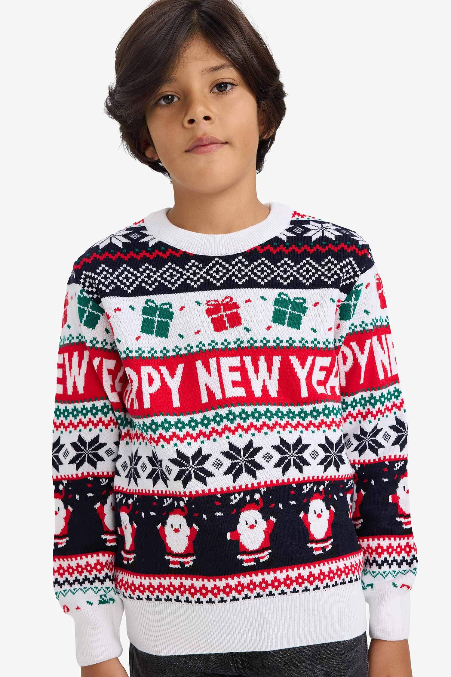 Erkek Çocuk Yılbaşı Temalı Regular Fit Bisiklet Yaka Triko Kazak