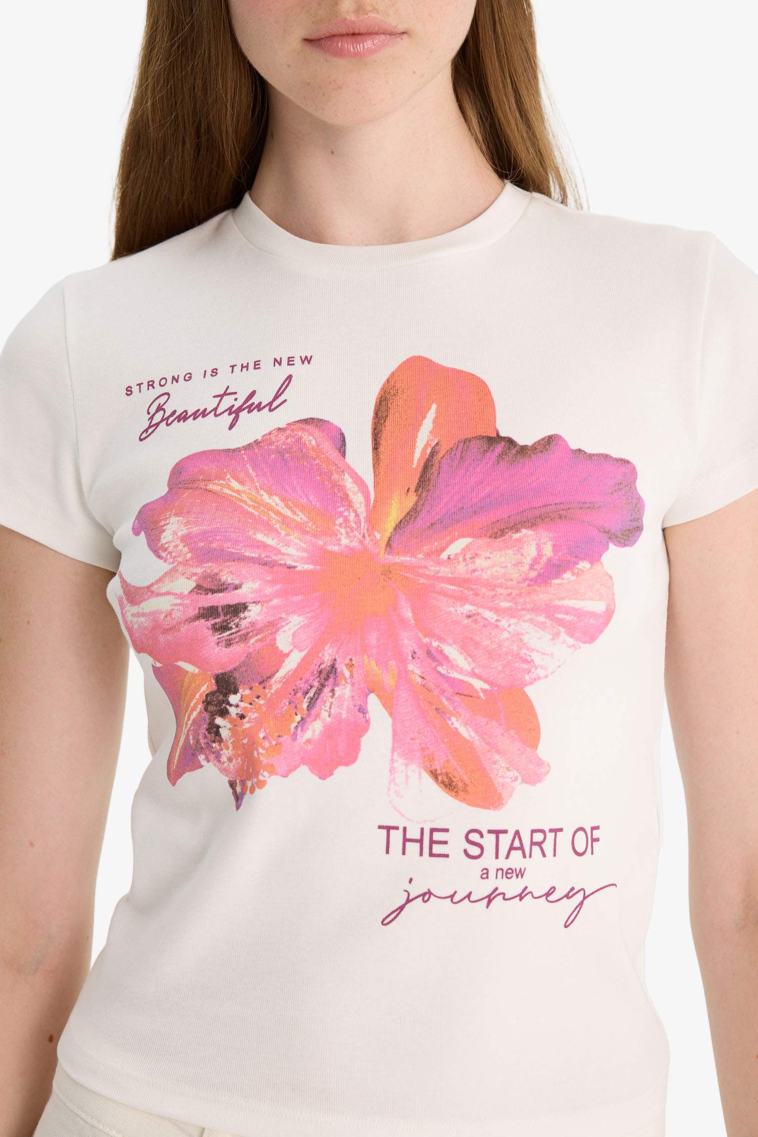 Fitted Bisiklet Yaka Baskılı Ribana Kısa Kollu Tişört