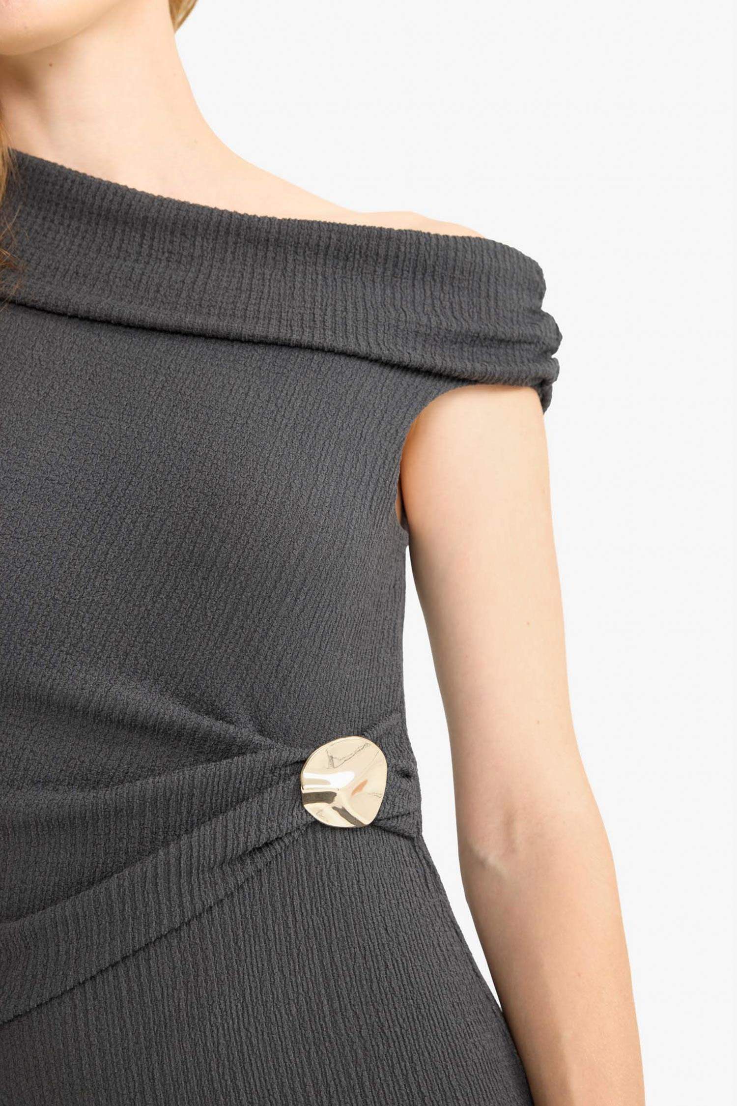 Regular Fit Bürümcük Tek Omuzlu Midi Elbise