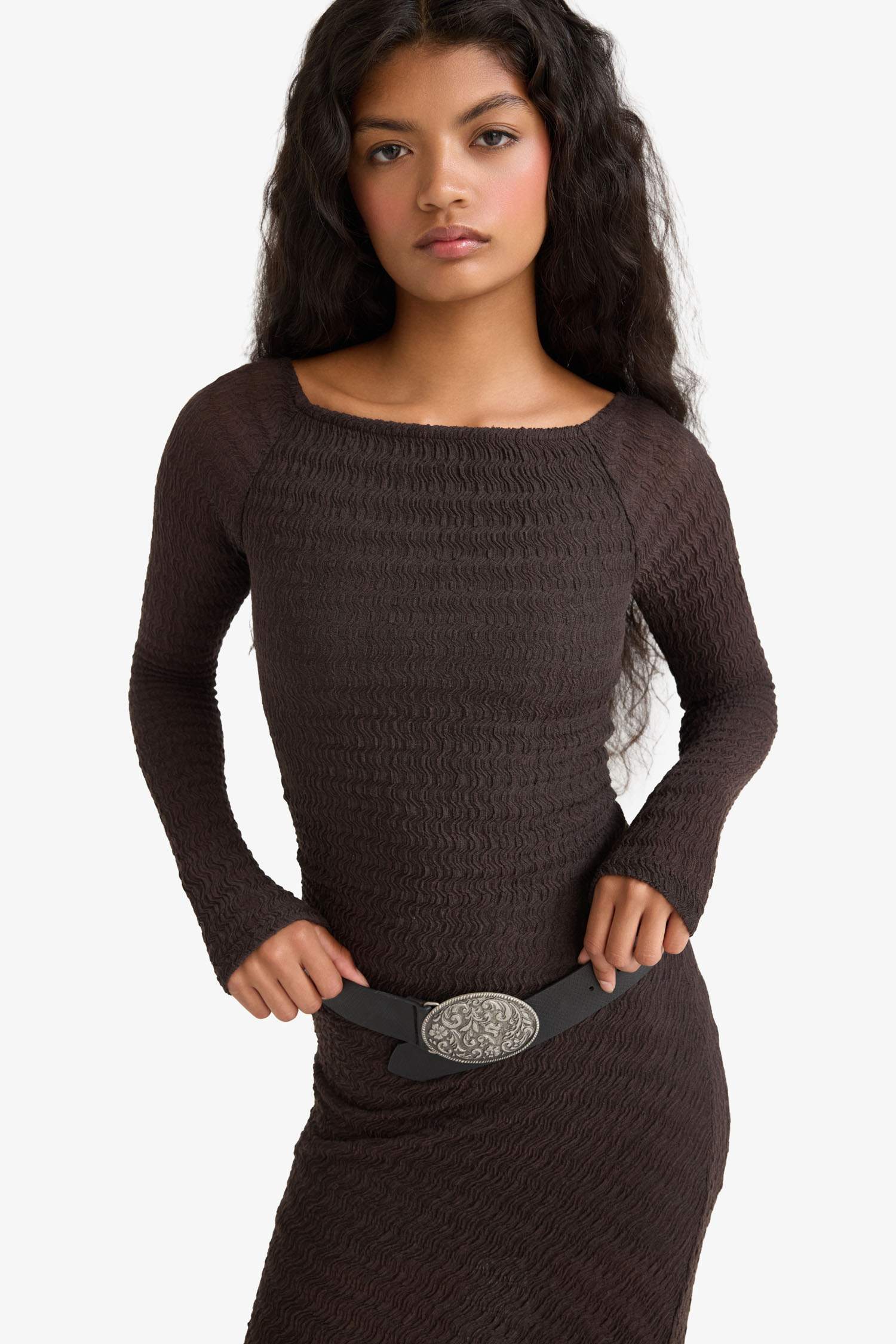 Kayık Yaka Bürümcük Uzun Kollu Maxi Elbise