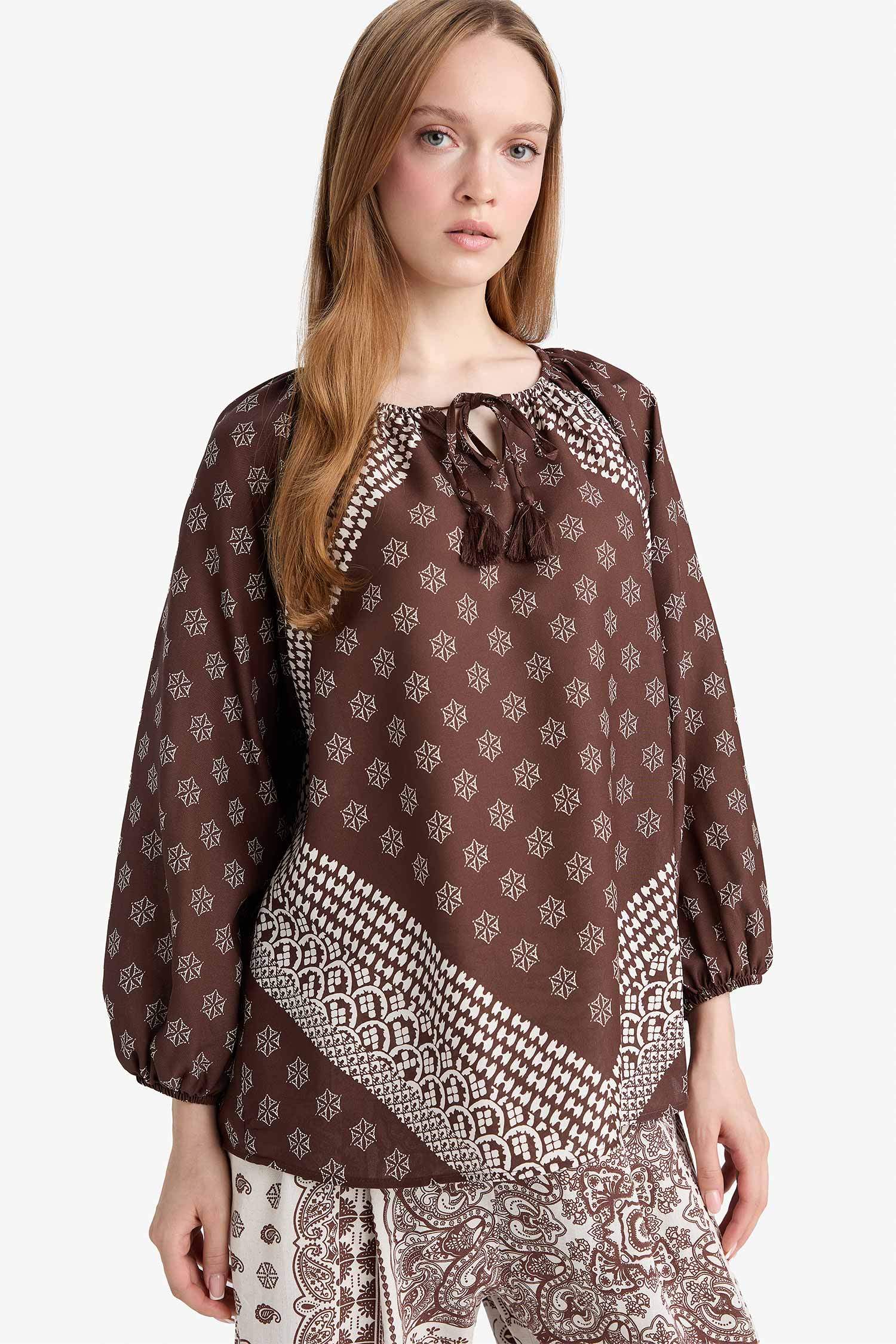 Relax Fit Bisiklet Yaka Bağlamalı Desenli Uzun Kollu Bluz