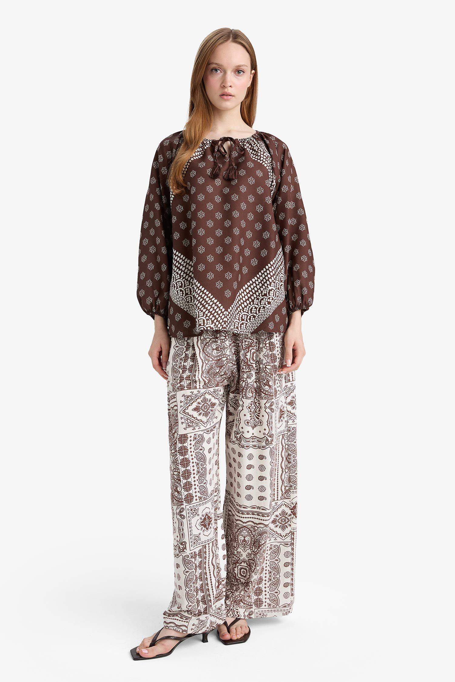 Wide Leg Cep Detaylı Geniş Paça Keten Karışımlı Desenli Pantolon