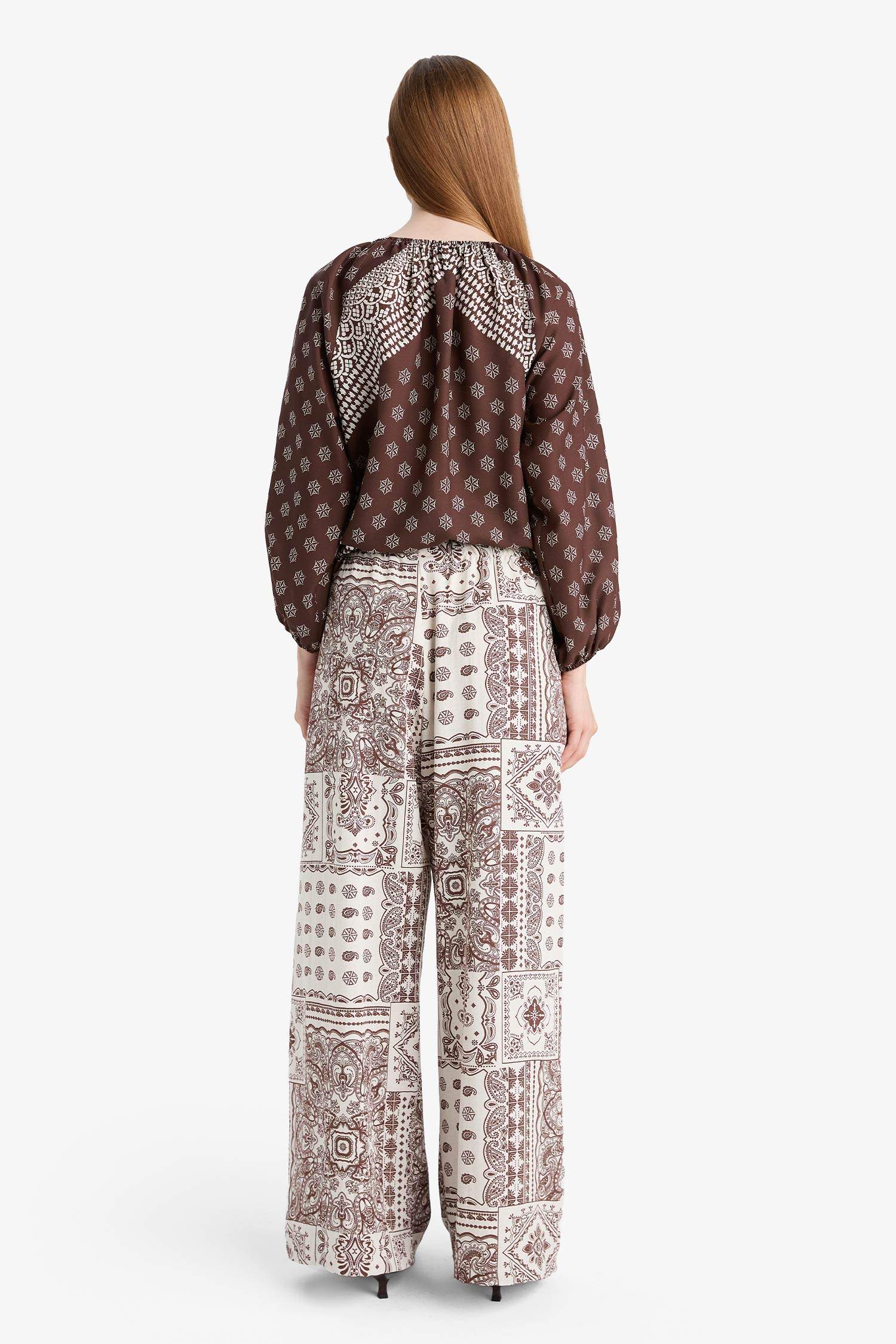 Wide Leg Cep Detaylı Geniş Paça Keten Karışımlı Desenli Pantolon