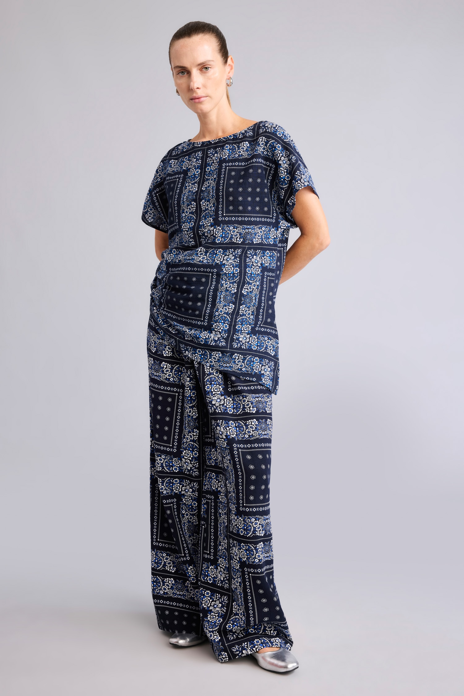 DeFacto Wide Leg Keten Karışımlı Desenli Pantolon görsel 5