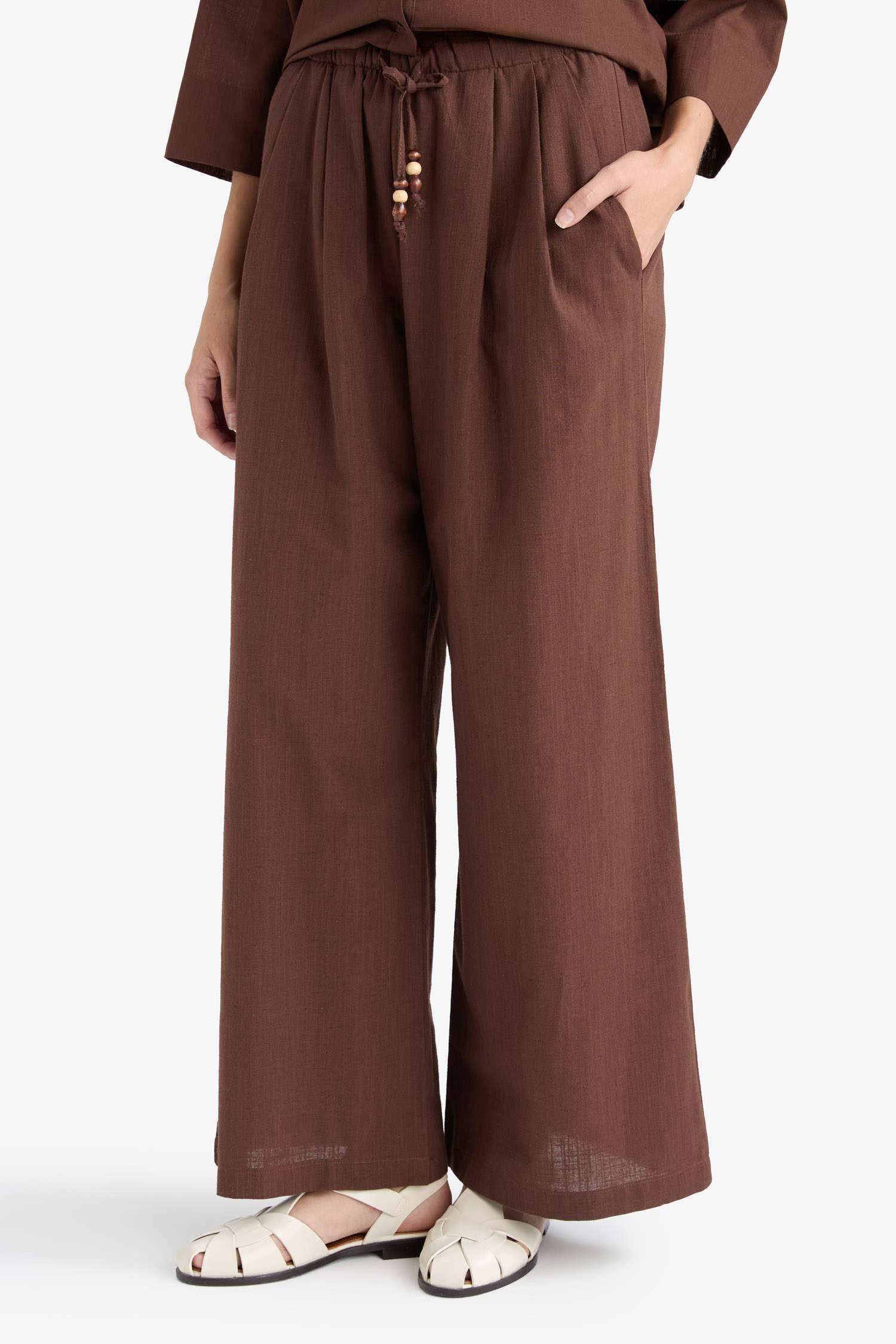 Pantalon large en lin mélangé avec poches Coupe droite