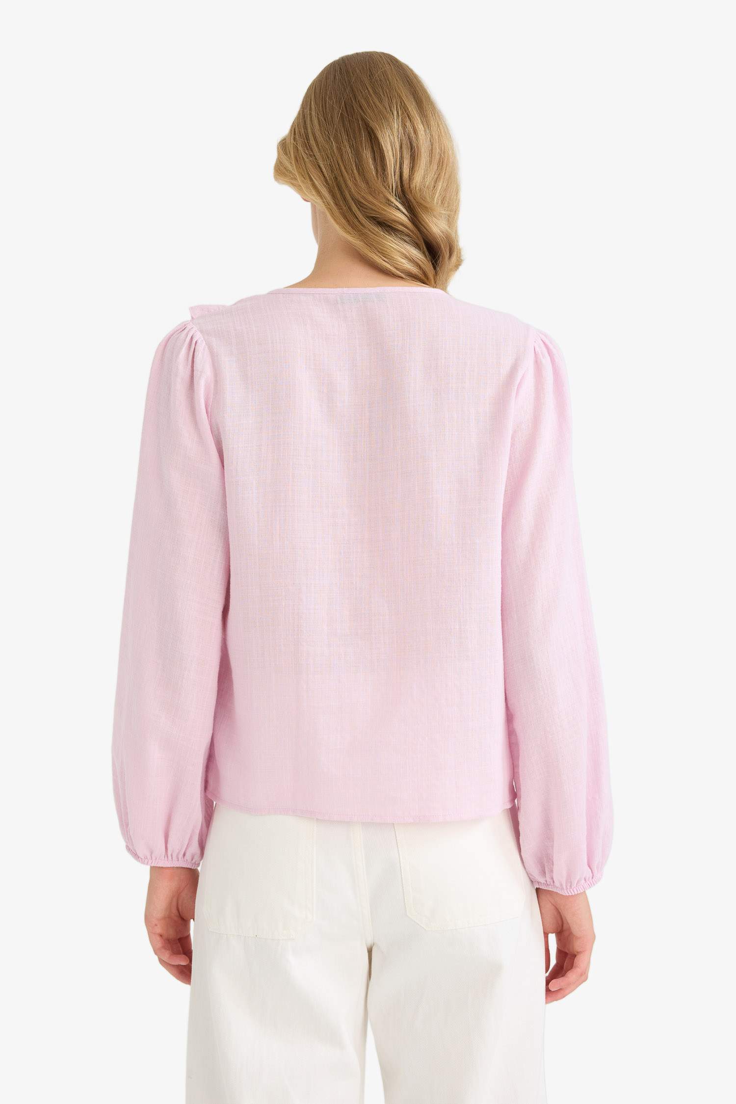 بلوزة كم طويل مكشكش قطن قصة عادية بياقة V