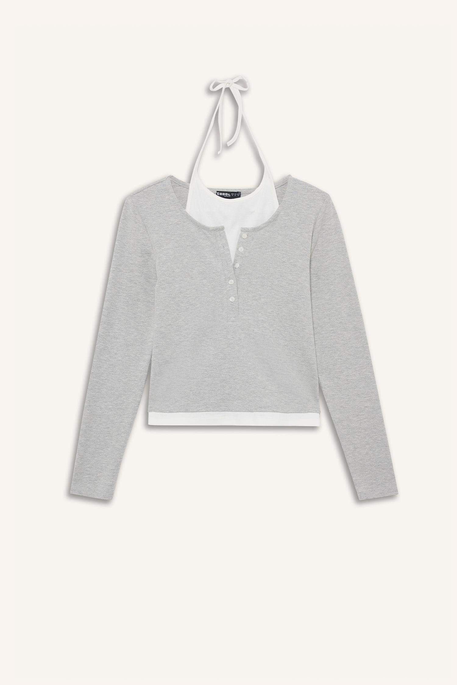 Halter Neck Ribbed Long Sleeve T-Shirt