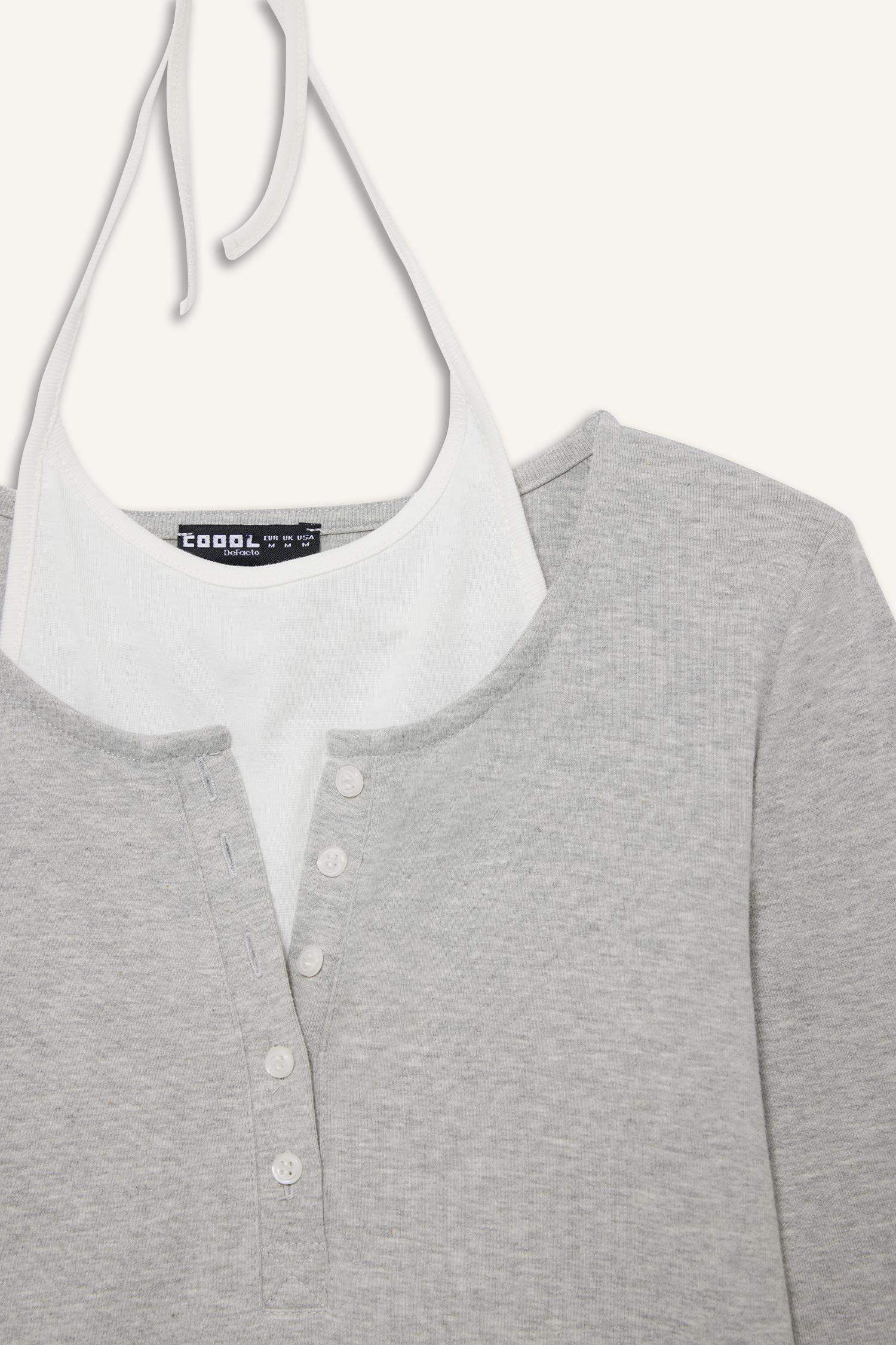 Halter Neck Ribbed Long Sleeve T-Shirt