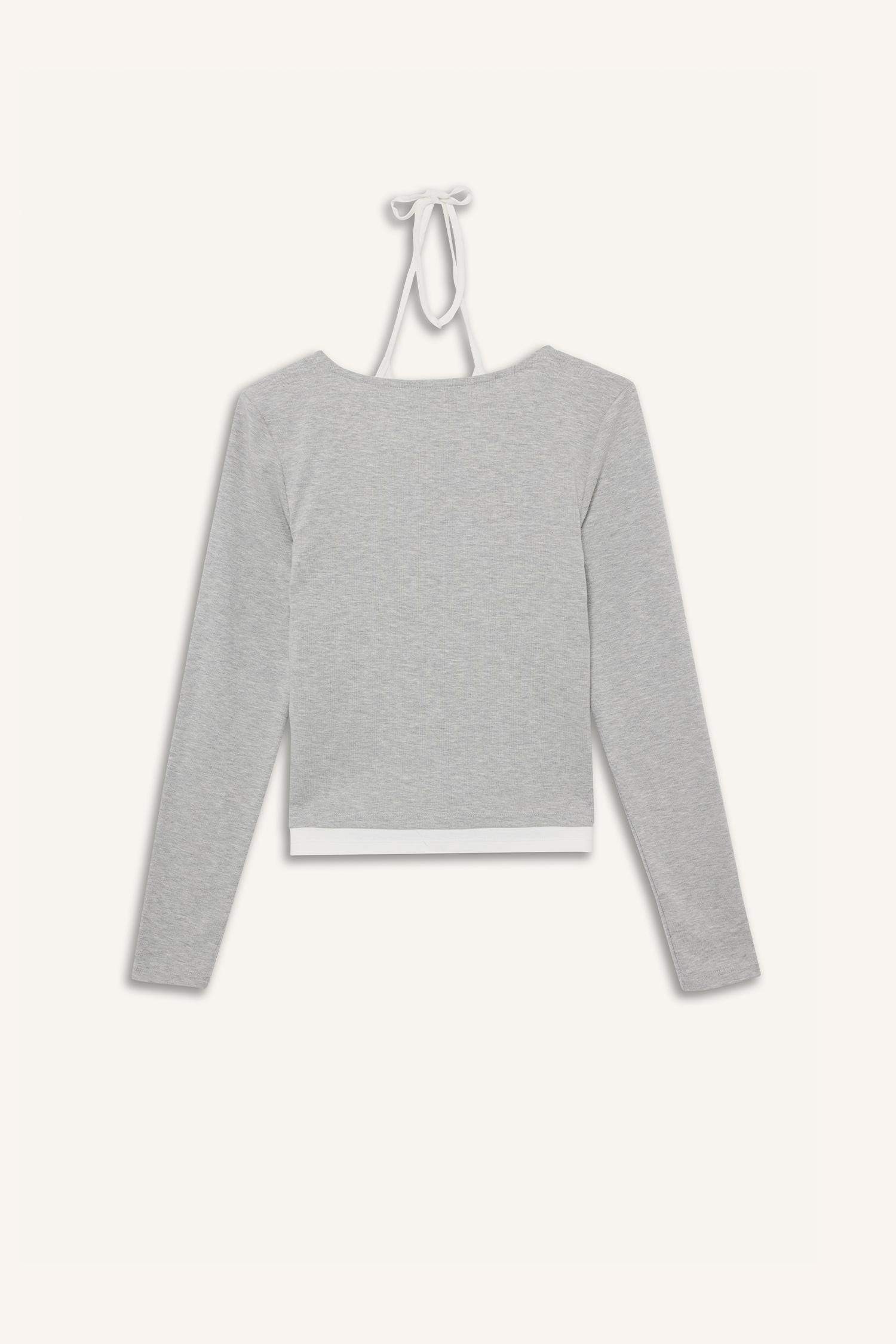 Halter Neck Ribbed Long Sleeve T-Shirt