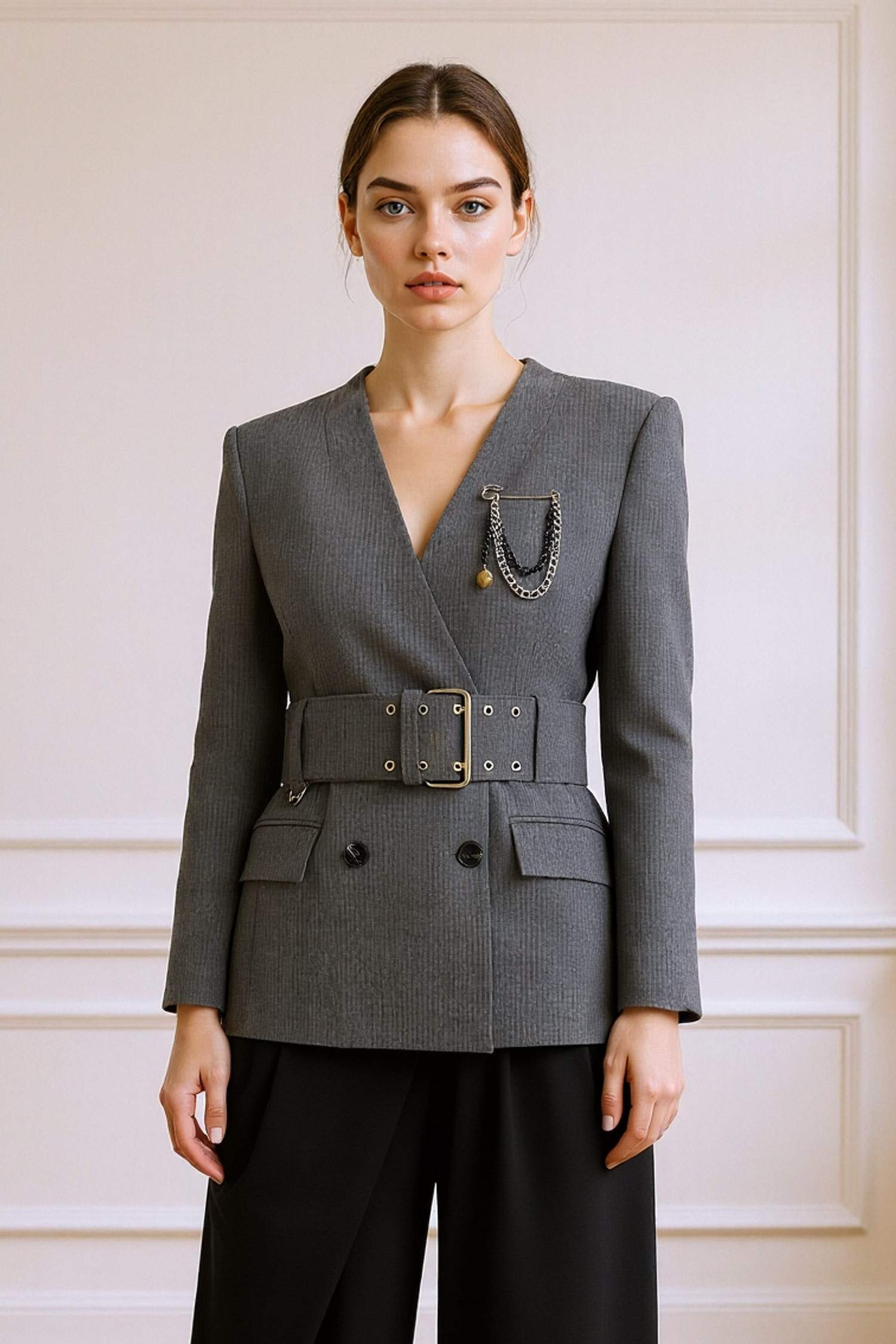 بليزر مخطط سليم فيت تفتا بياقة V