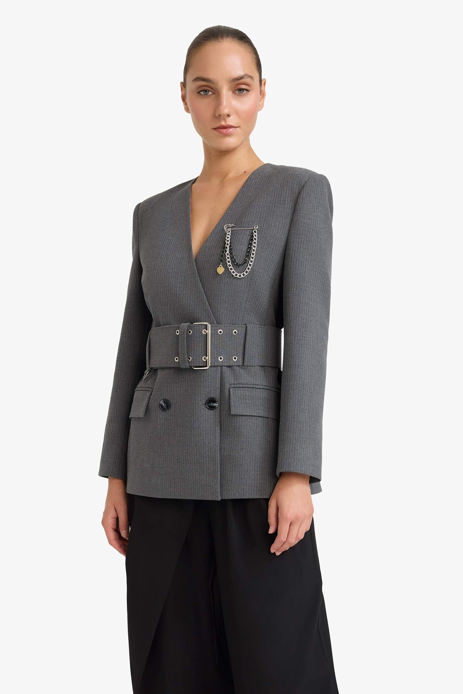 بليزر مخطط سليم فيت تفتا بياقة V