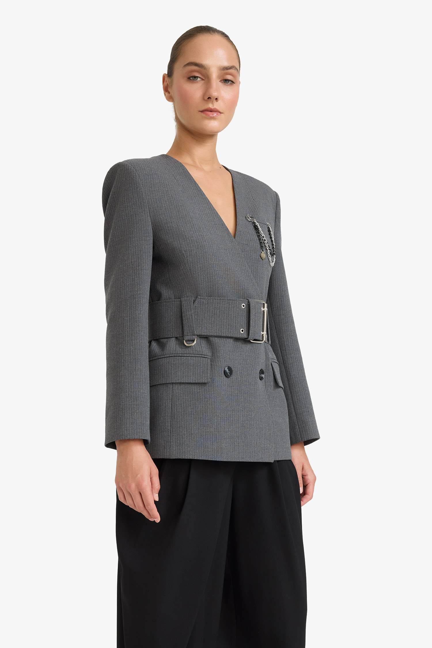 بليزر مخطط سليم فيت تفتا بياقة V