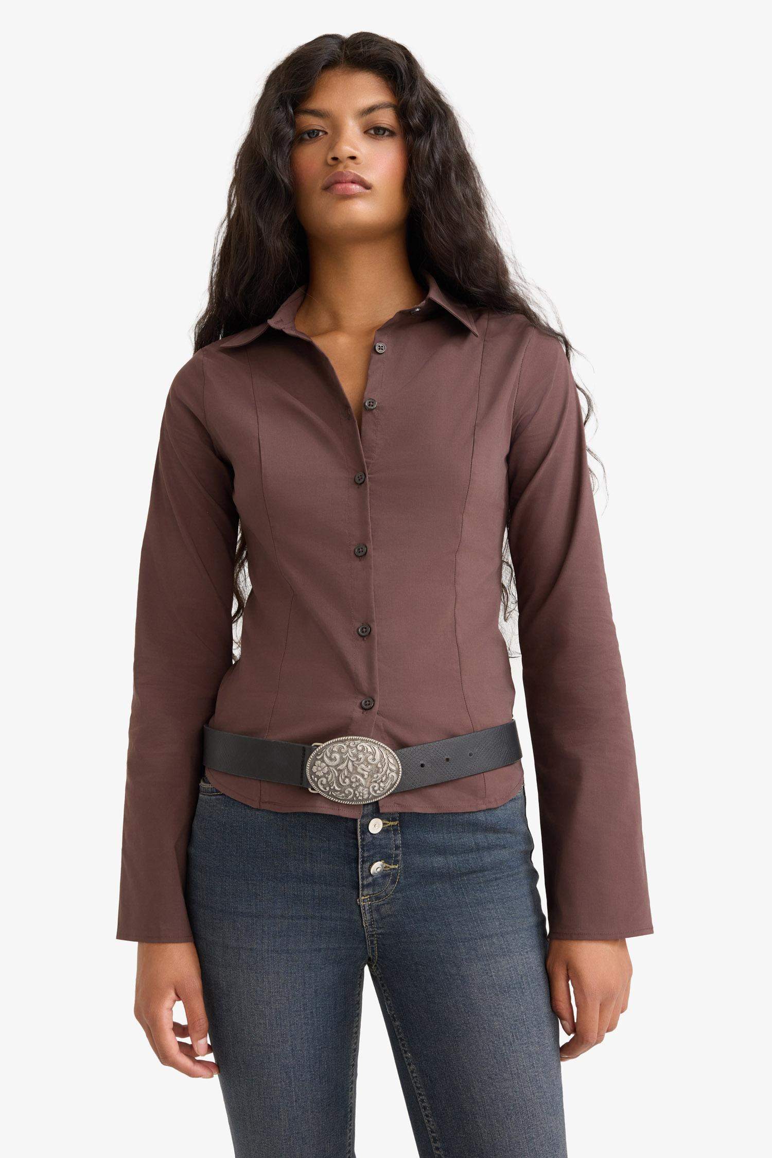 قميص كم طويل بوبلين سليم فيت