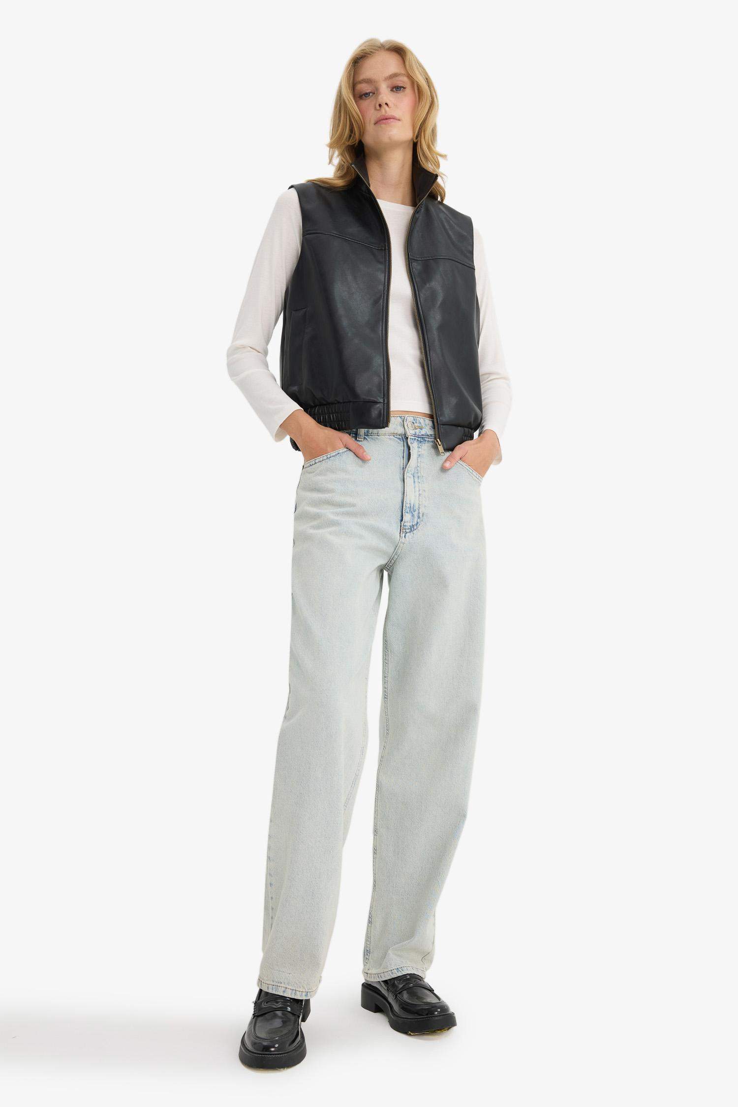 Regular Fit Dik Yaka Suni Deri Yelek