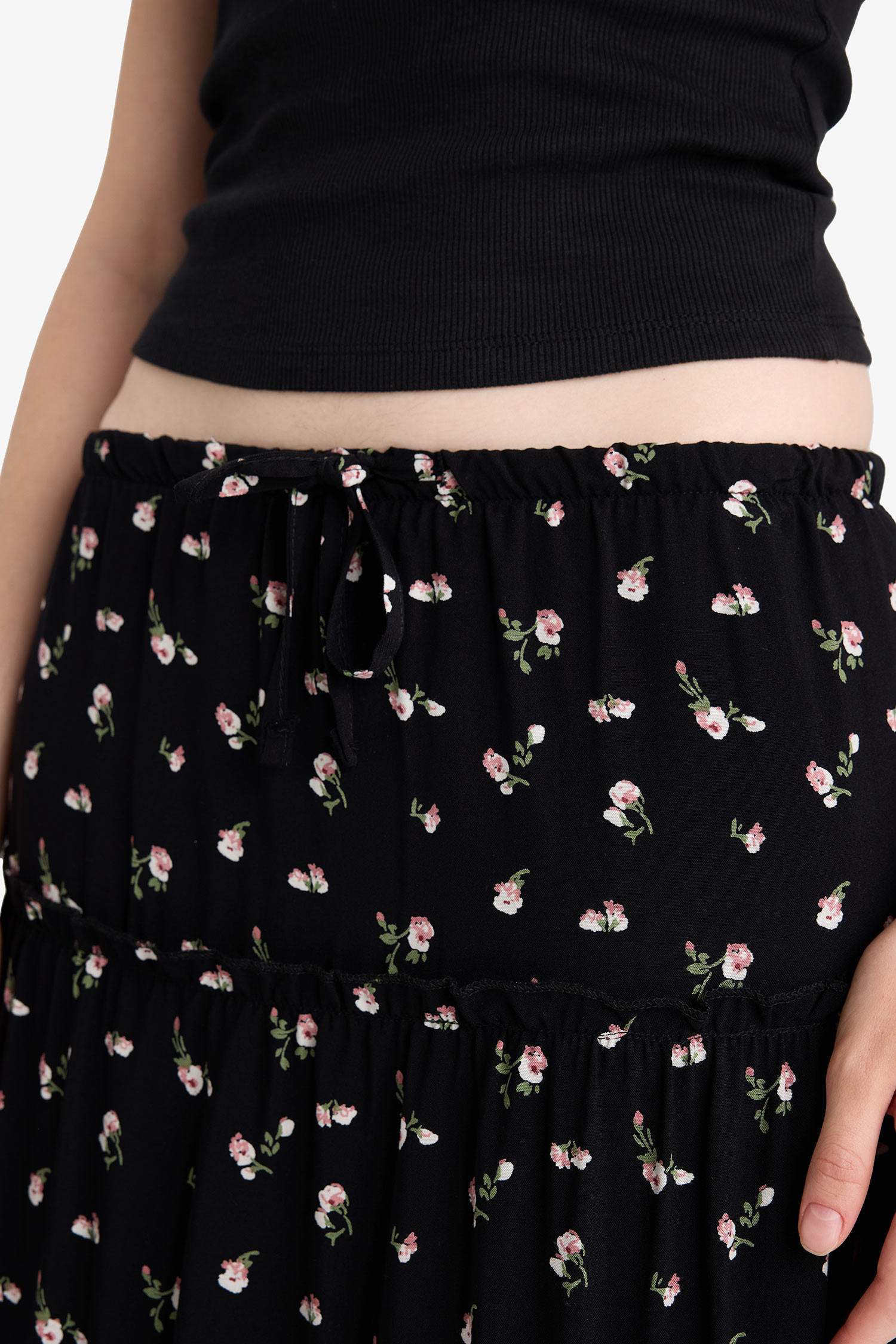 Çiçek Desenli Yüksek Bel Pamuk Astarlı Maxi Etek