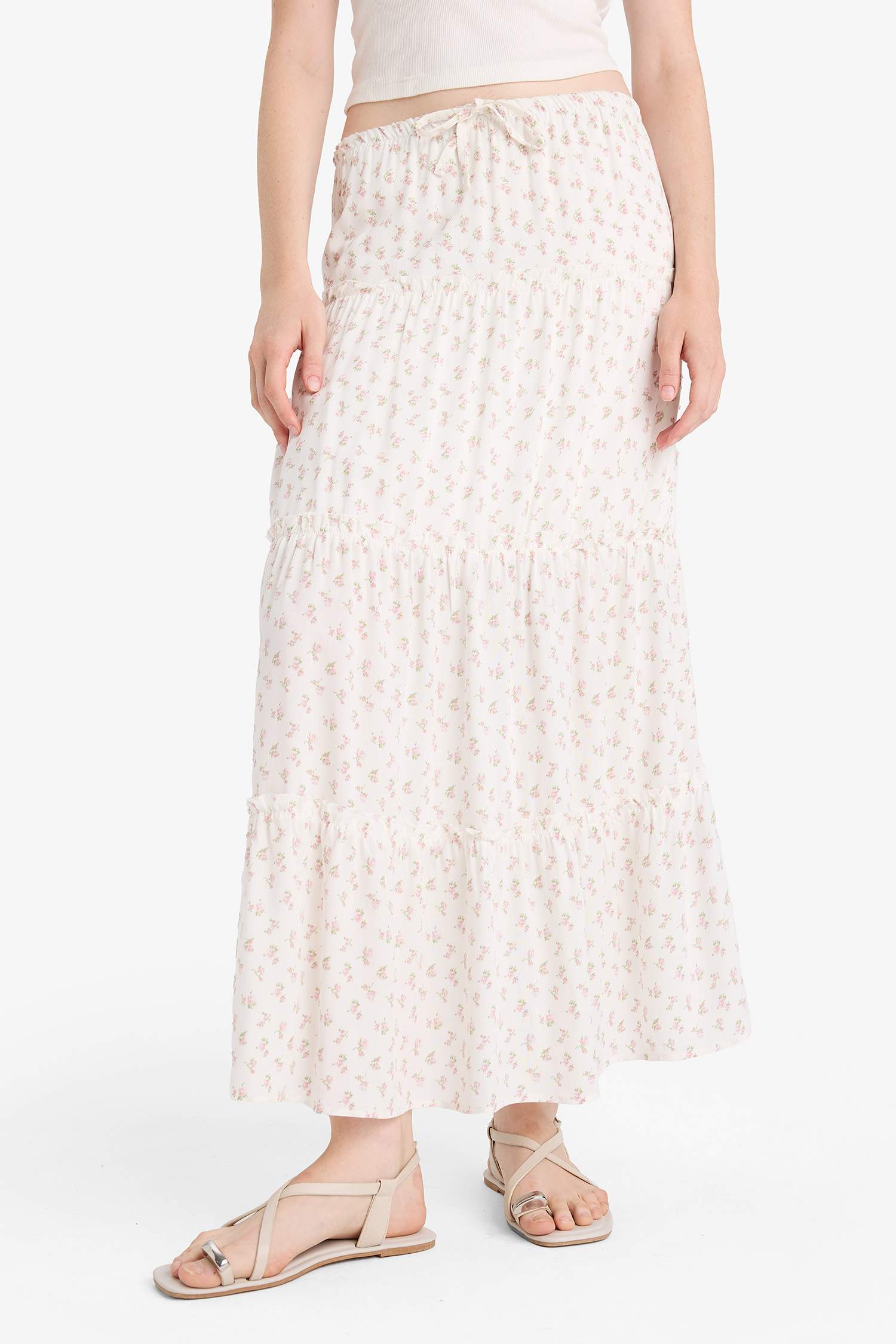 Çiçek Desenli Yüksek Bel Pamuk Astarlı Maxi Etek