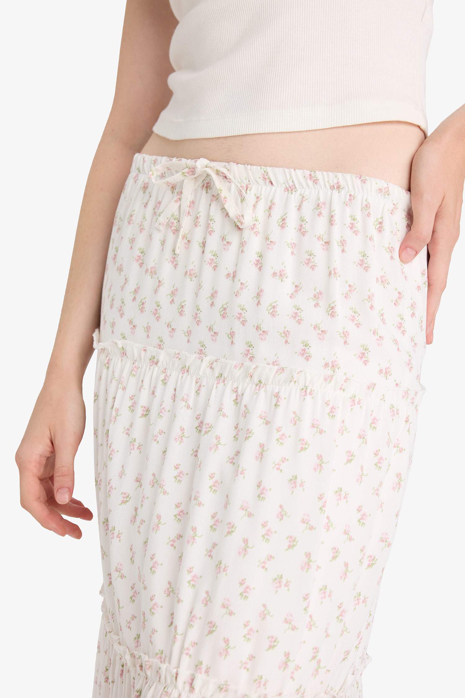 Çiçek Desenli Yüksek Bel Pamuk Astarlı Maxi Etek