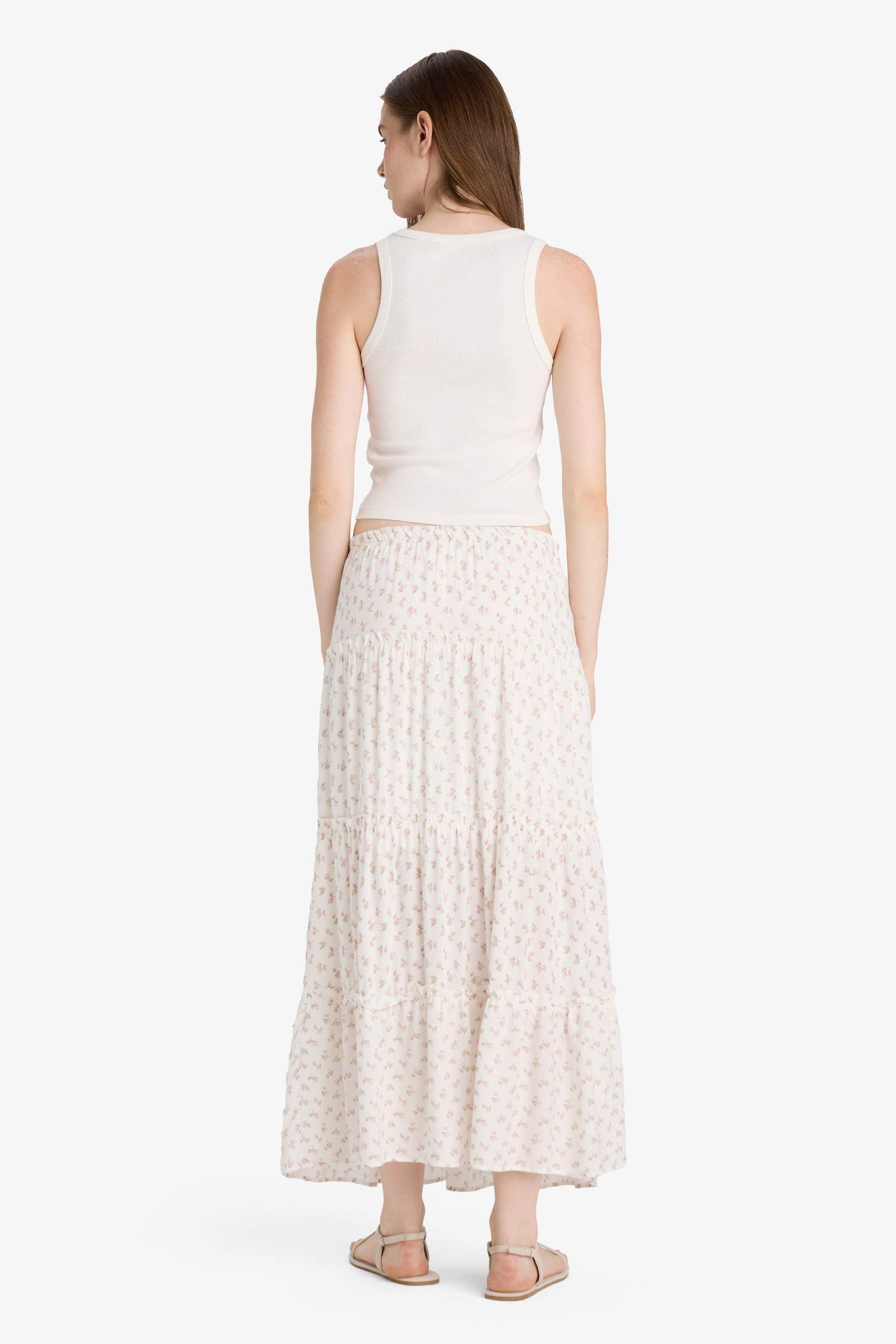 Çiçek Desenli Yüksek Bel Pamuk Astarlı Maxi Etek