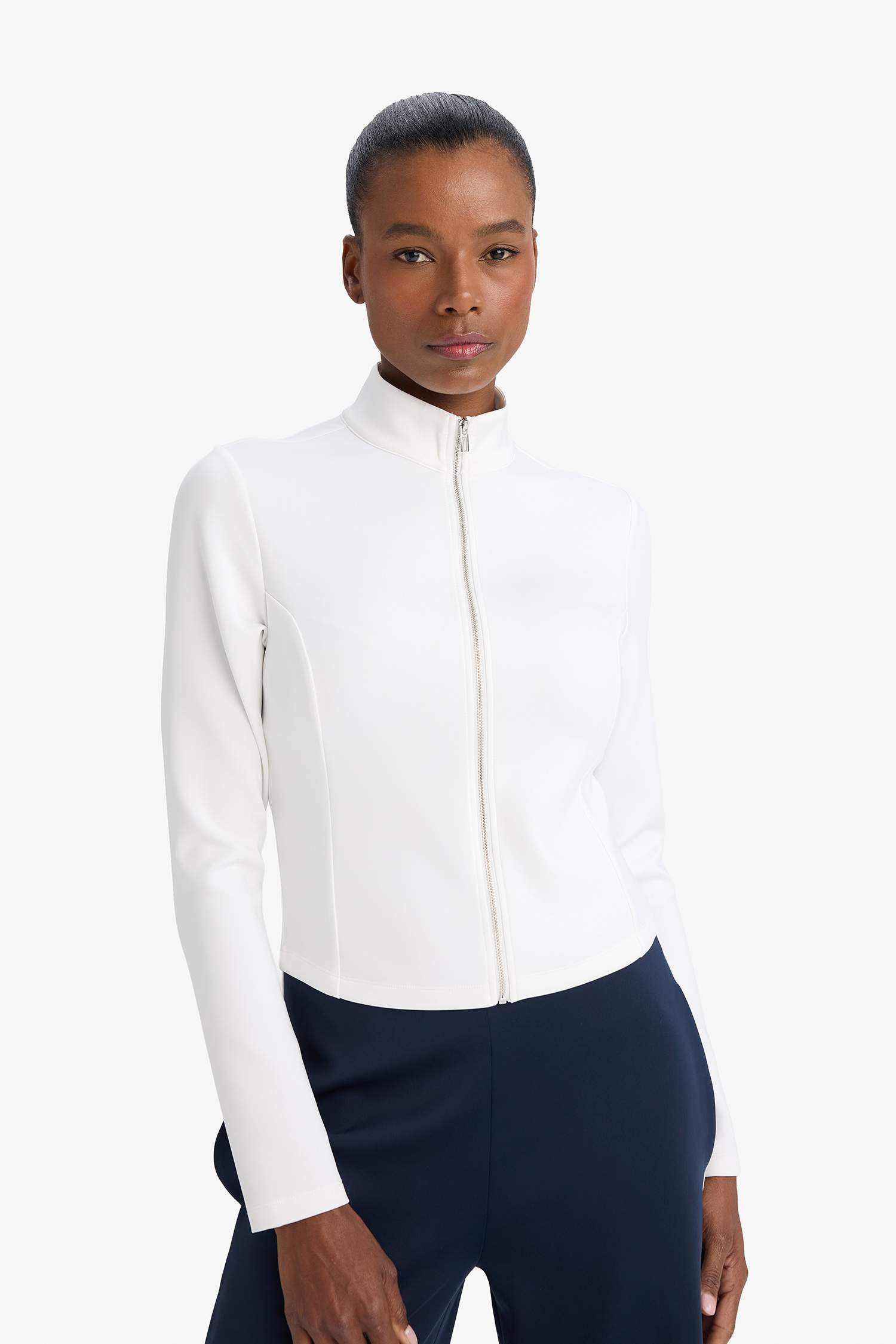 Standart Fit тік жағалы скуба матасынан тігілген кардиган