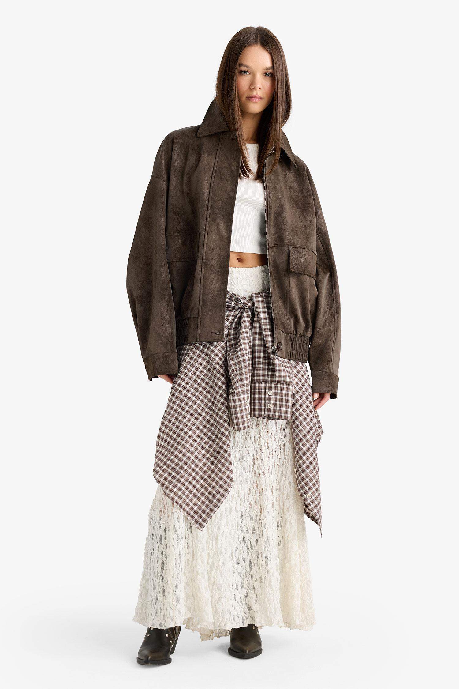 Afra x DeFacto Dad Fit поло жағалы найзағайлы күдері күртеше