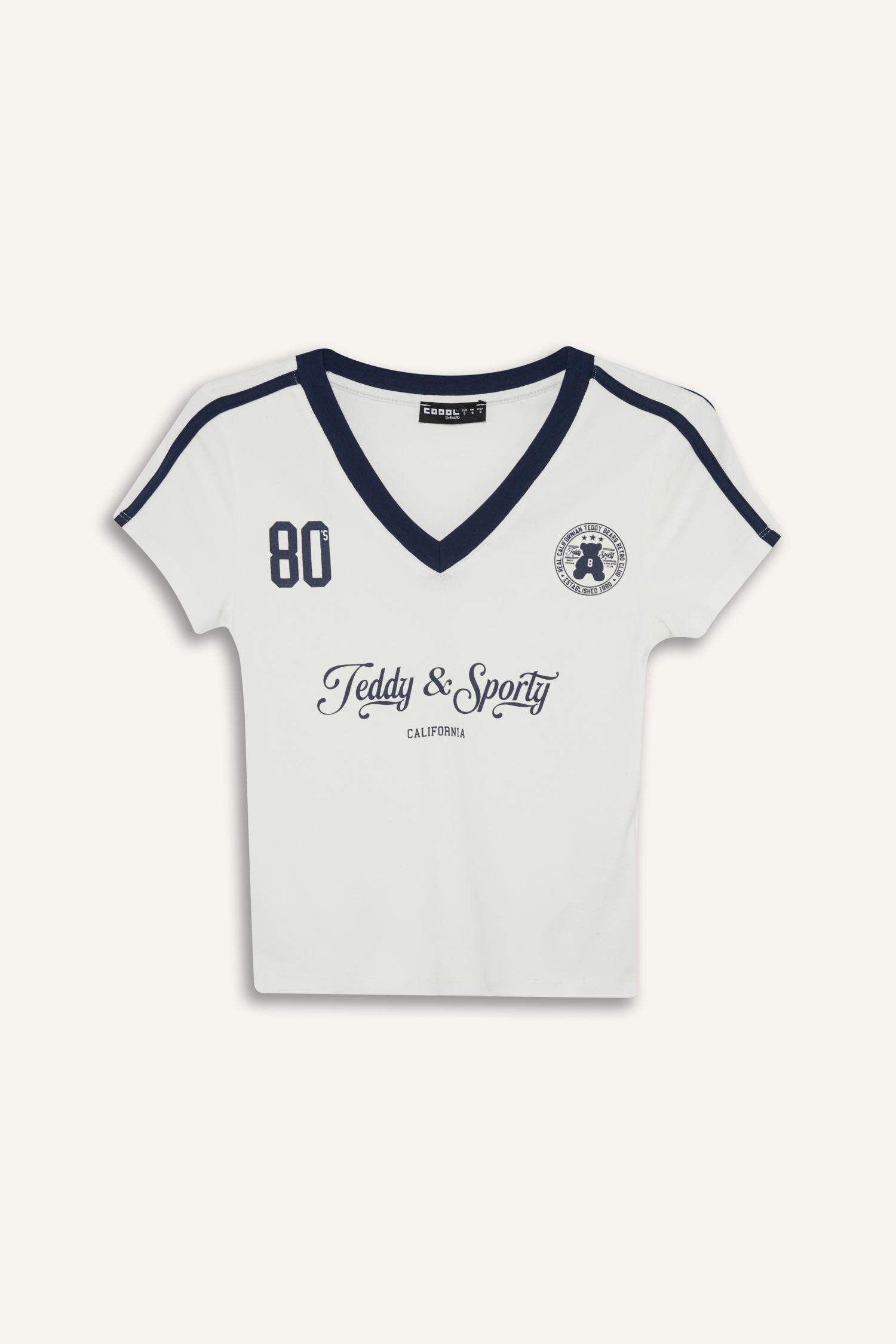 Coool Fitted V Yaka Baskılı Ribana Kısa Kollu Tişört