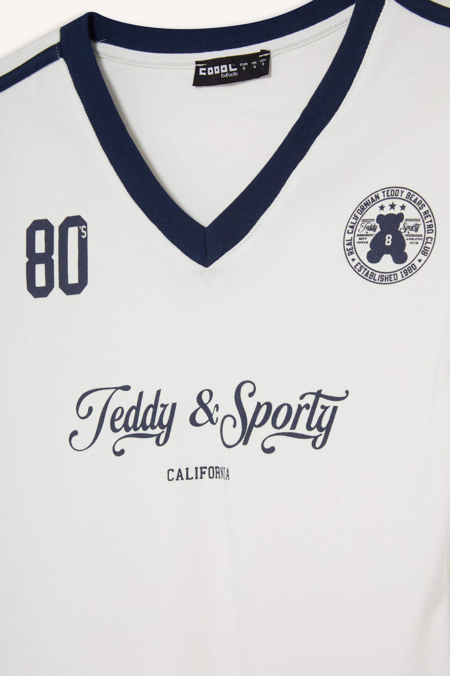 Coool Fitted V Yaka Baskılı Ribana Kısa Kollu Tişört