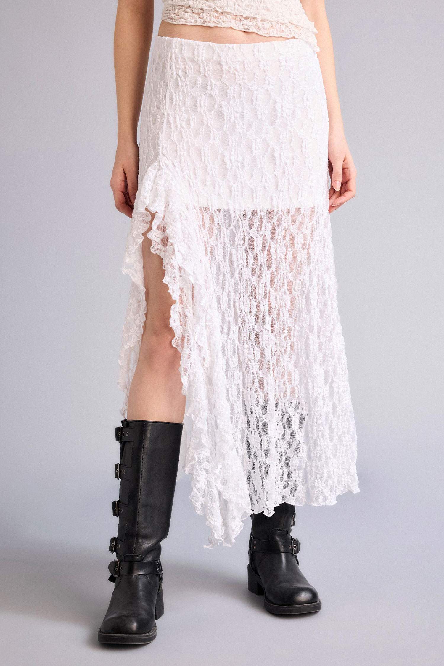 جيبة تريكو طويلة دانتيل بقصة A وخصر عالي