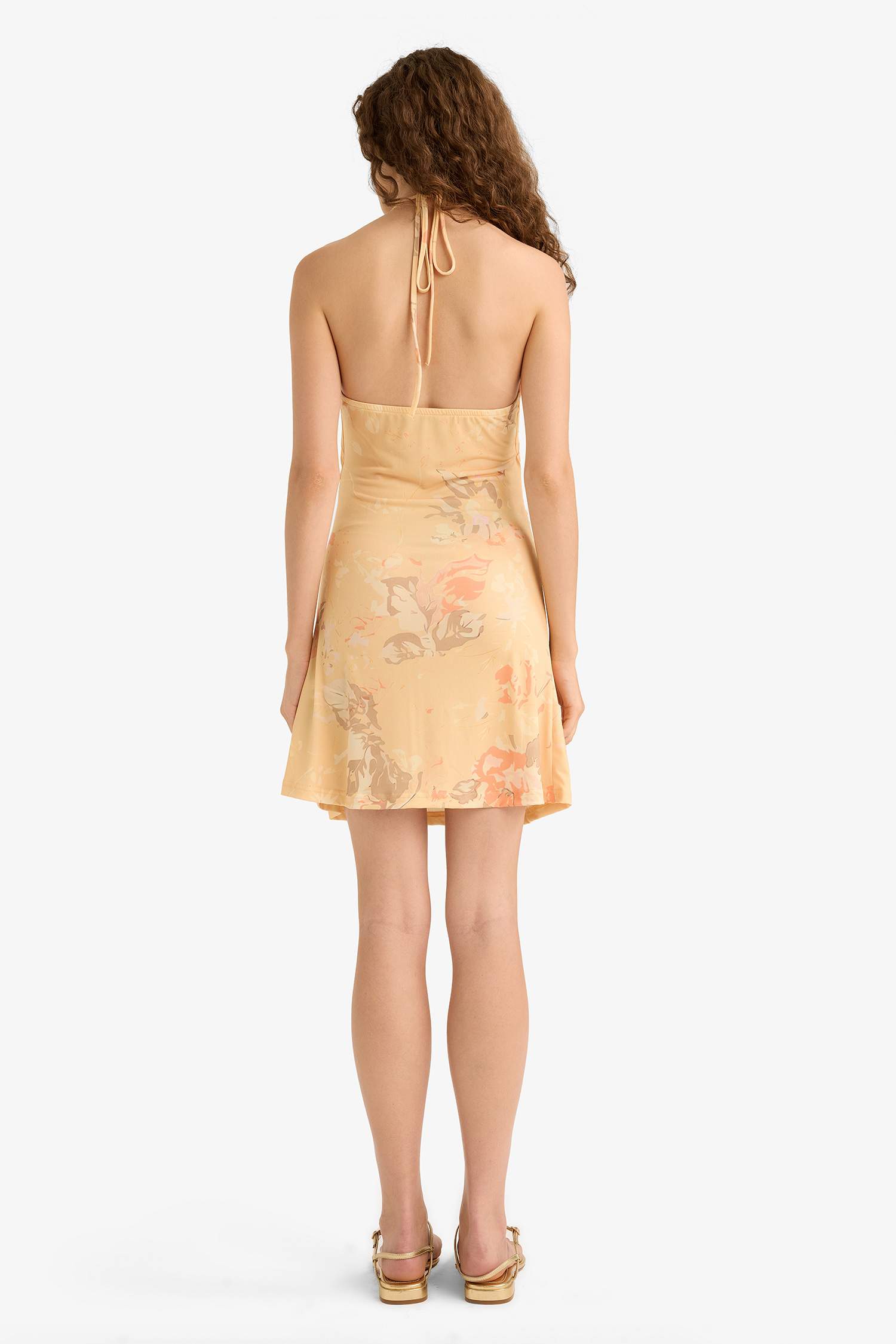 V Yaka Çiçek Desenli Askılı Mini Elbise