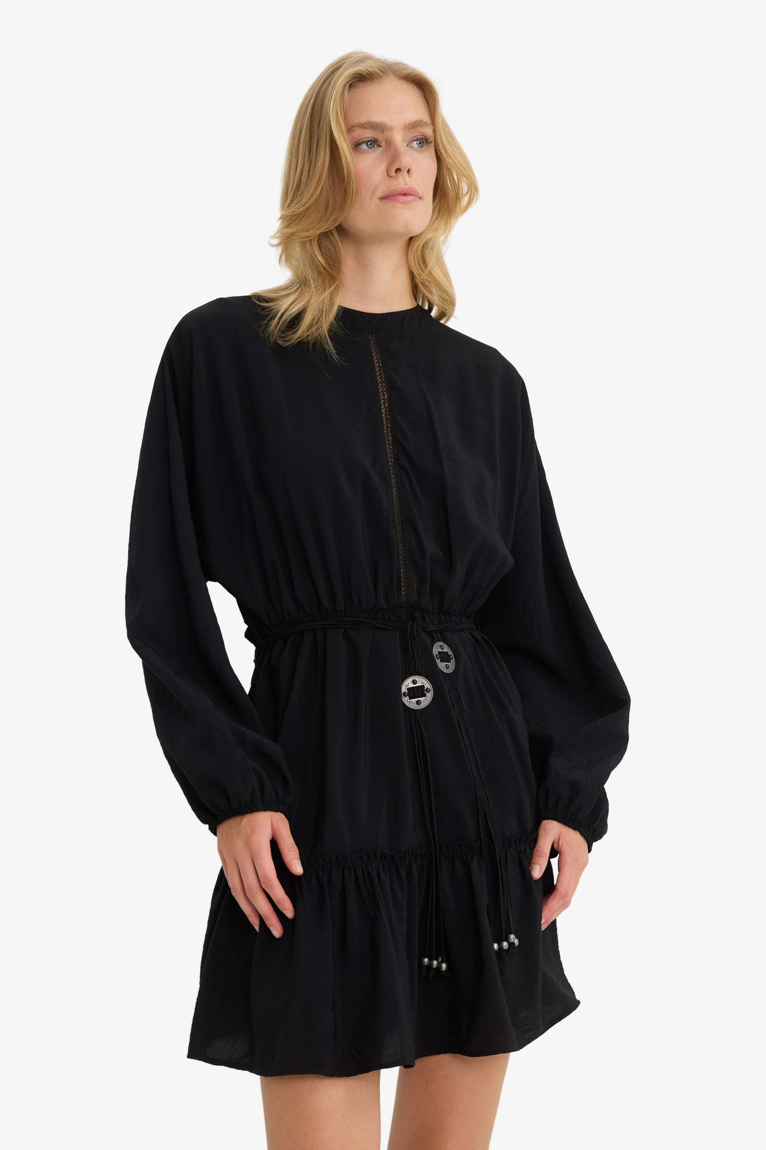 Bisiklet Yaka Uzun Kollu Mini Elbise