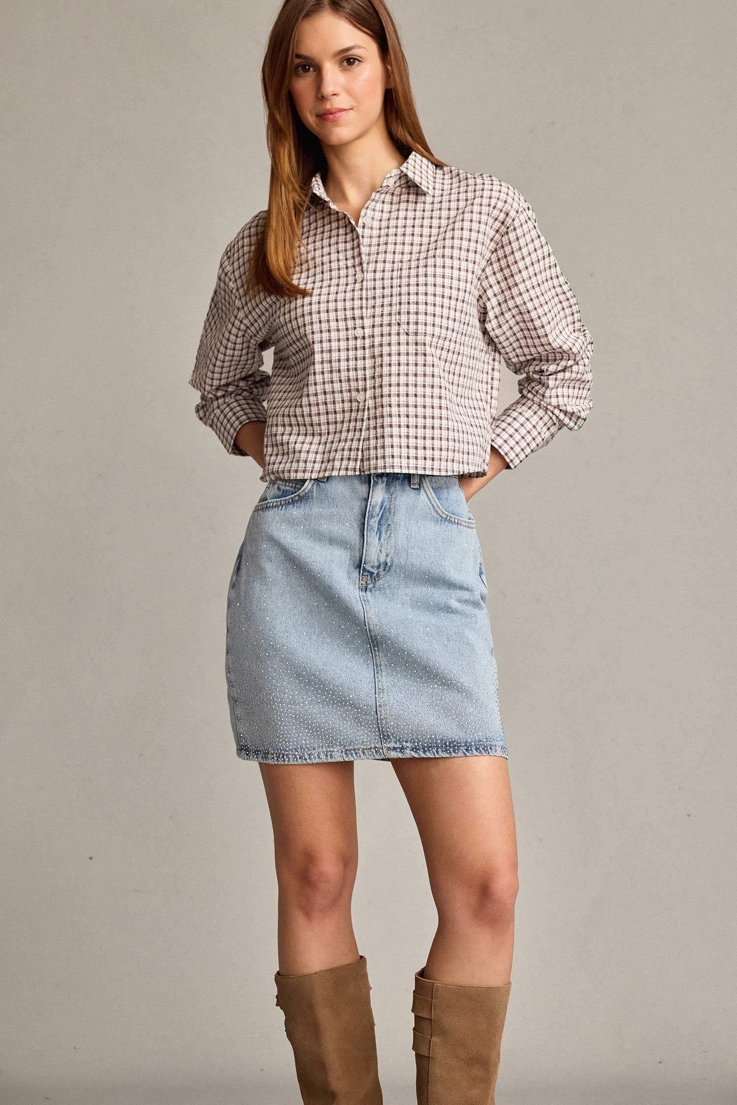 İşlemeli Mini Jean Etek