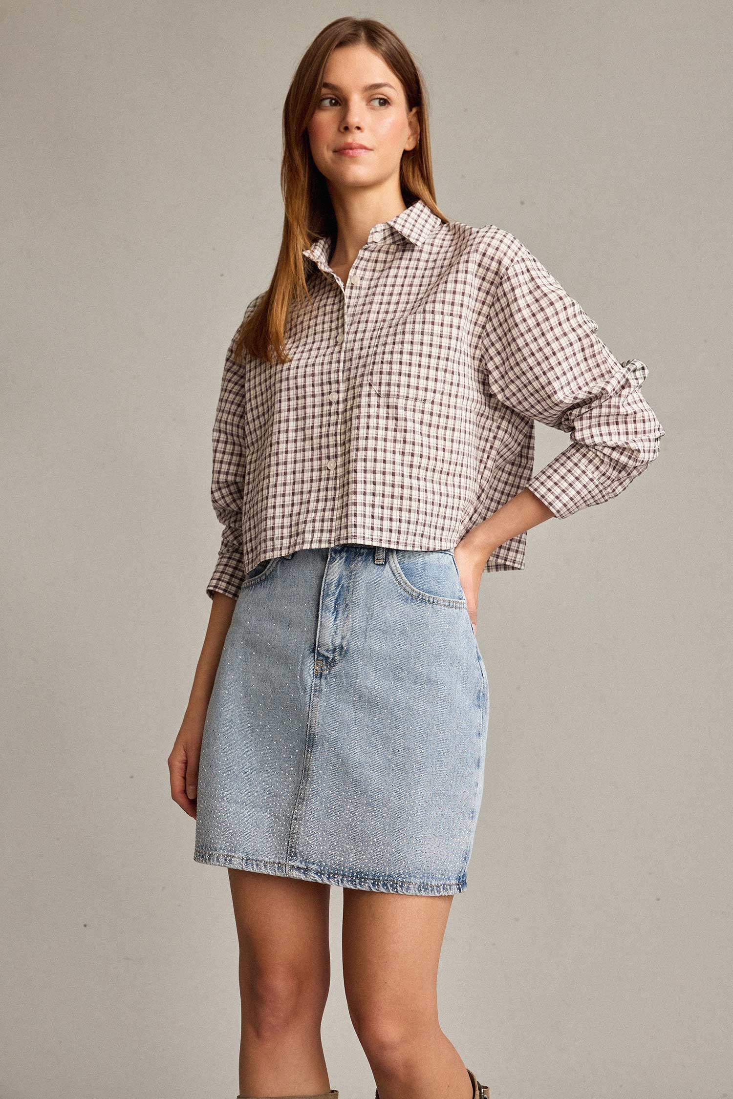 İşlemeli Mini Jean Etek