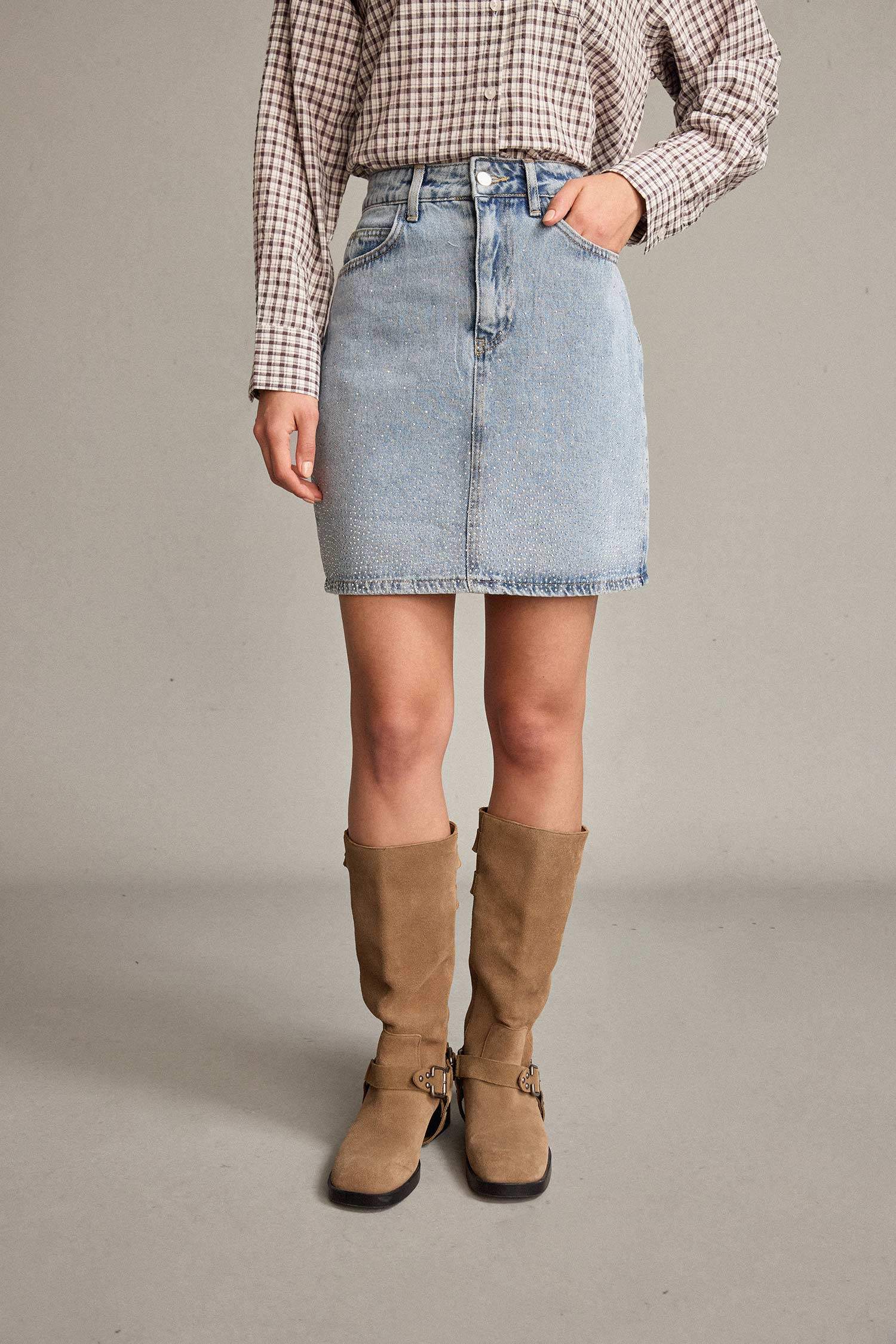 İşlemeli Mini Jean Etek