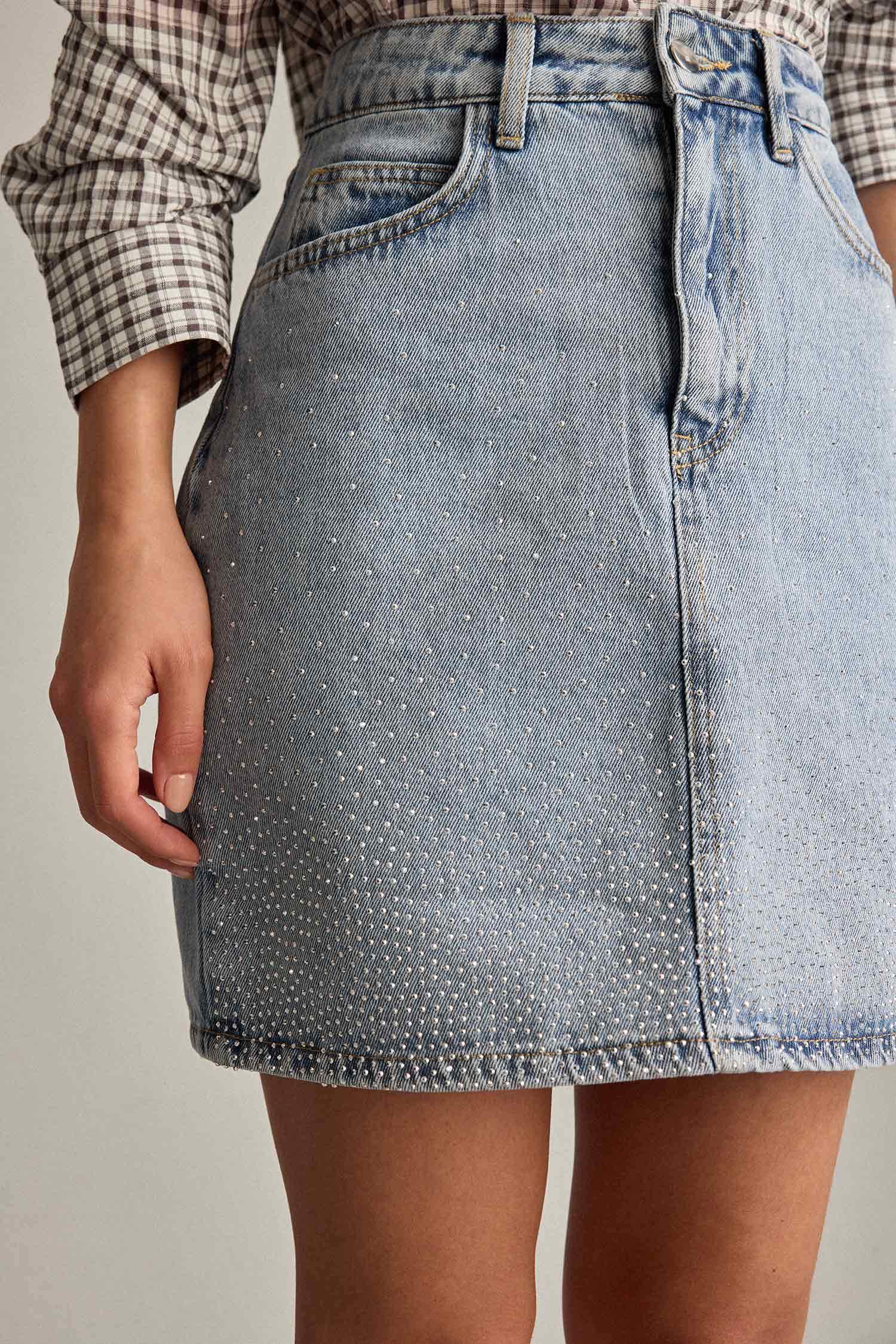 İşlemeli Mini Jean Etek