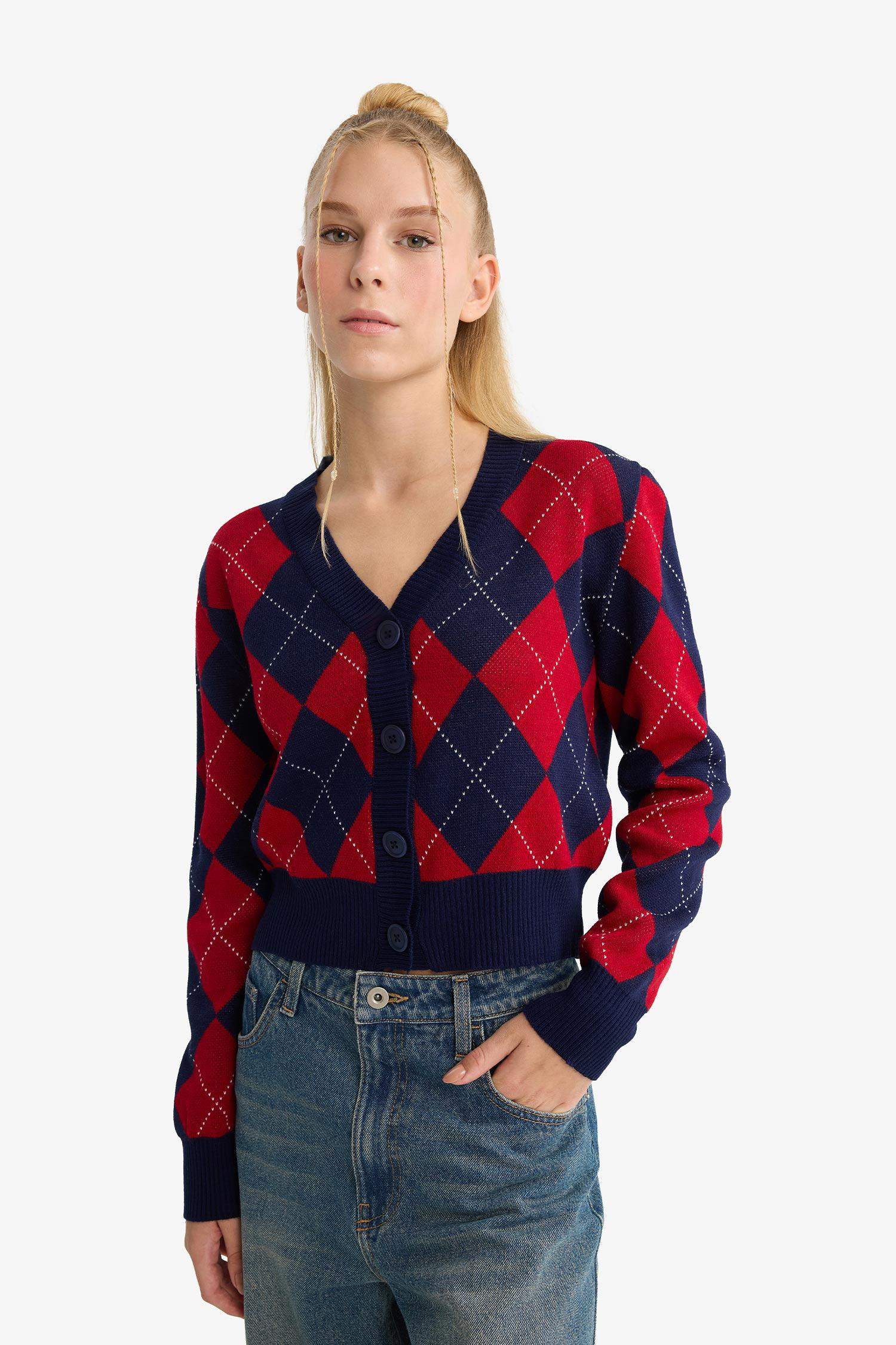 Slim Fit V-Neck Printed Buttoned Cardigan