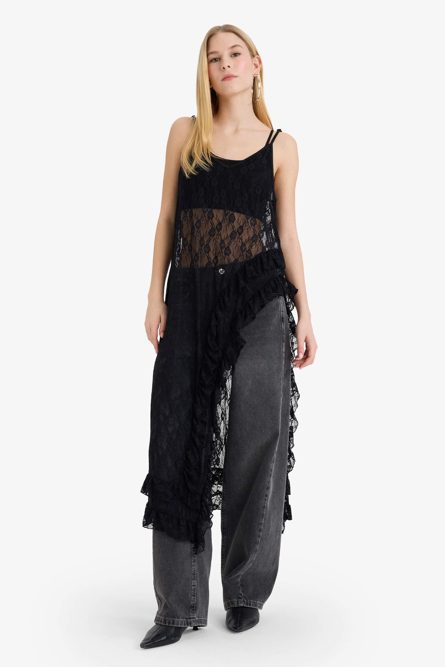 Robe maxi en dentelle à bretelles et col V Coupe trapèze