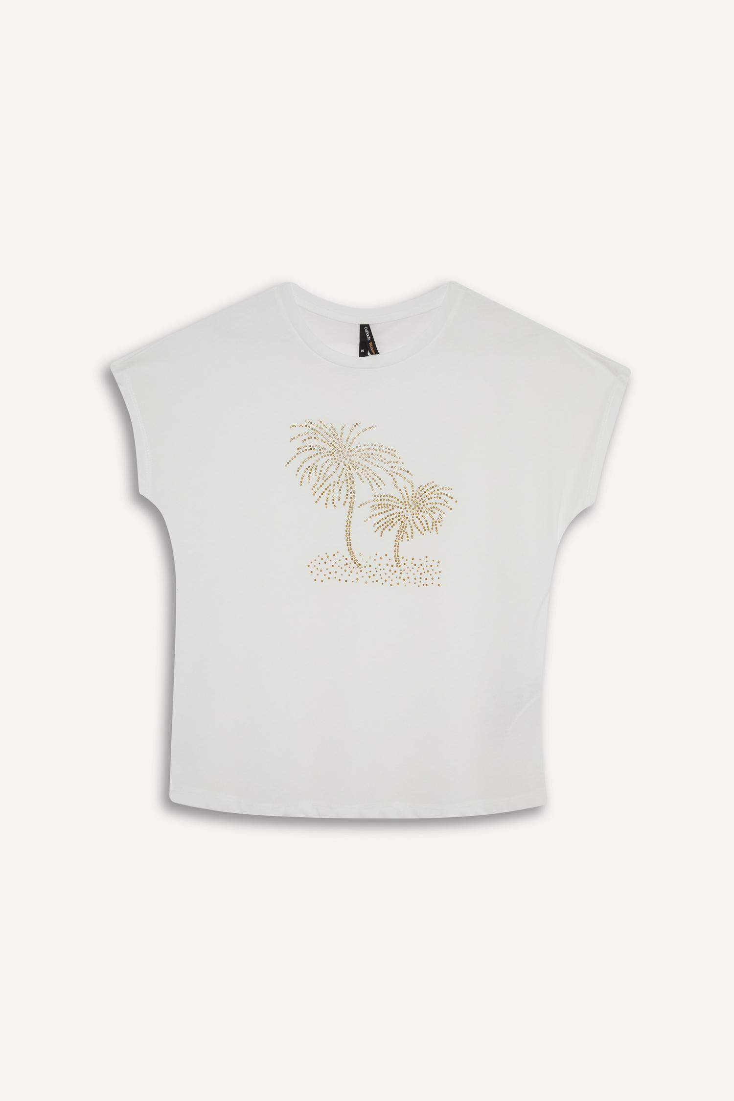 Bisiklet Yaka Taş Baskılı Kısa Kollu Tişört