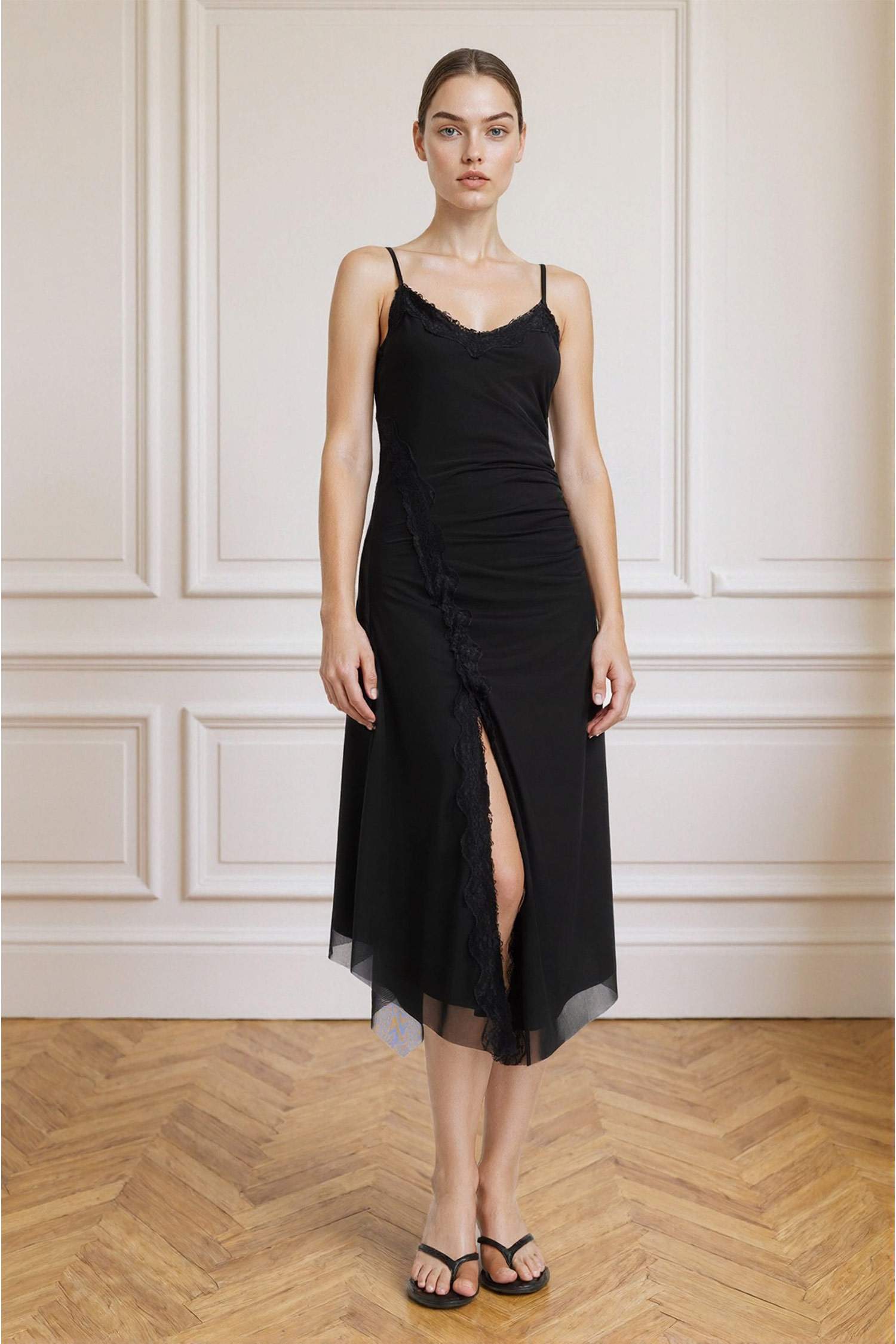 Afra x DeFacto Coool Asimetrik V Yaka Tül Askılı Midi Elbise